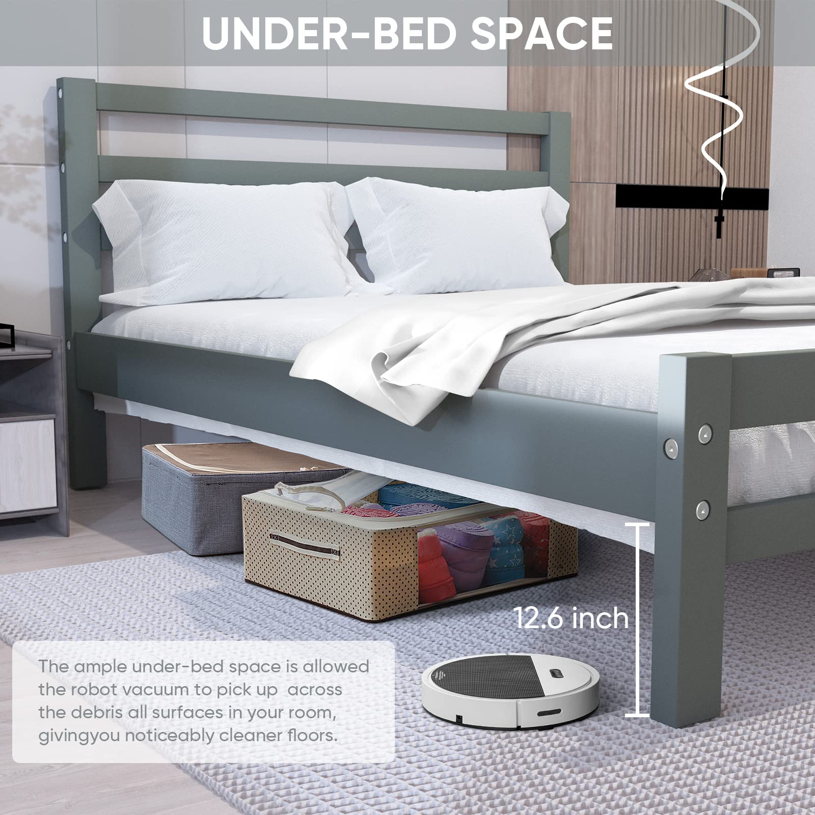 Baysitone Full Size Platform Bed Frame with 2 Storage Drawers & Headboard - 10 Wood Slats Support, 500 lbs Weight Capacity, No Box Spring Needed (Bright Gray) - Perfect for Small Bedrooms, Guest Rooms & Space-Saving Storage Solutions
