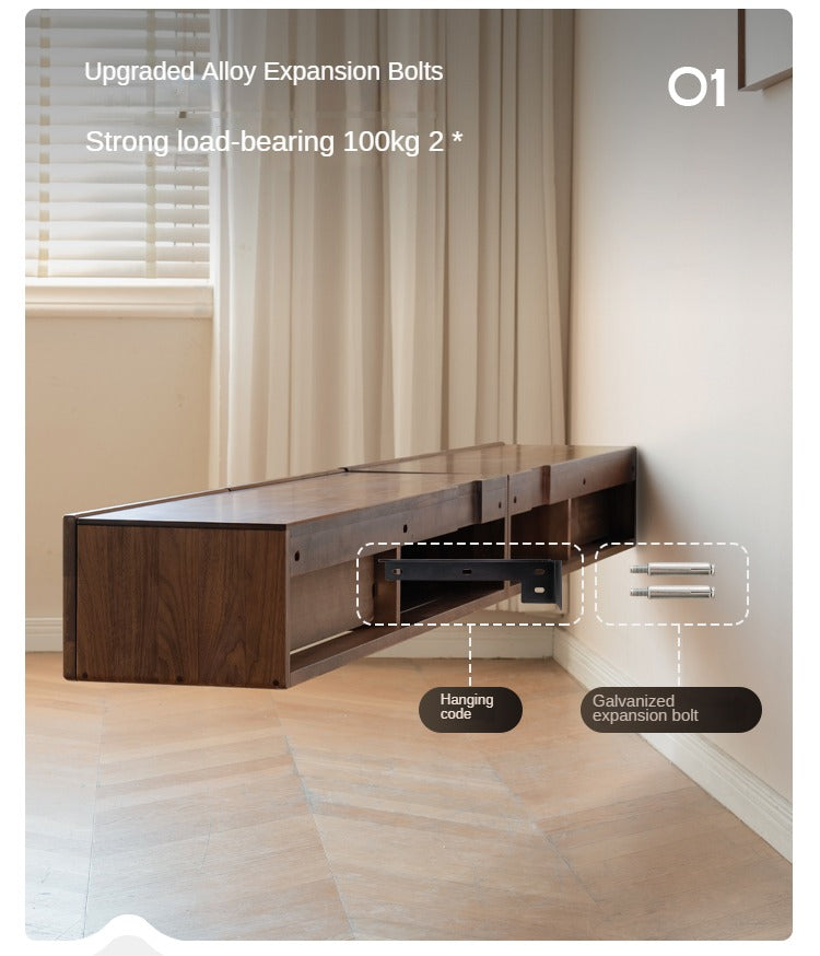 Black Walnut Solid Wood Floating TV Stand - Wall Mounted Entertainment Center for Living Room, Bedroom & Home Theater