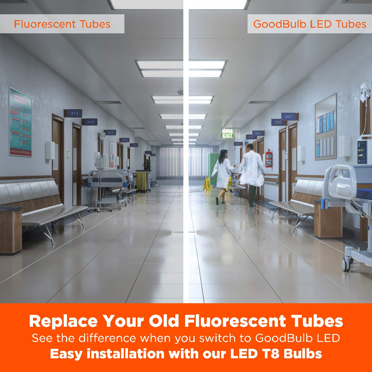 GoodBulb 4-Foot T8 LED Tube Lights - 10.5W (32W Equivalent), 5000K Daylight, 1800 Lumens, 83 CRI, Type A Plug & Play - Energy Efficient LED Bulbs for Offices, Warehouses, Garages & Commercial Lighting (Pack of 25)
