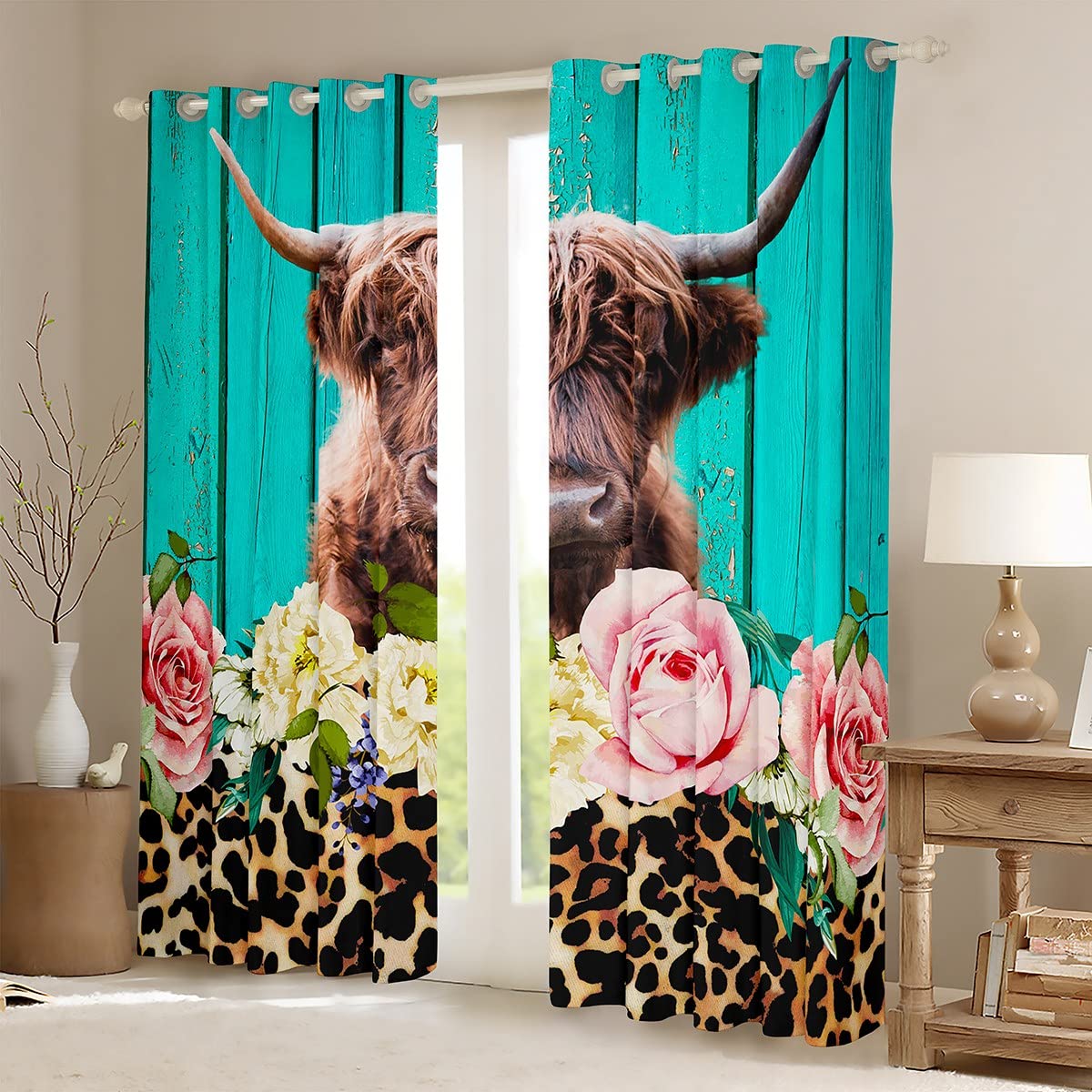 Highland Cow Window Curtains 52x96 Inches - 2 Panels Safari Animal Print Drapes for Bedroom, Living Room & Kids Room | Brown Cheetah Leopard Floral Pattern with Teal Blue Wooden Decor | Perfect for Farmhouse, Nursery & Jungle Theme Decorations