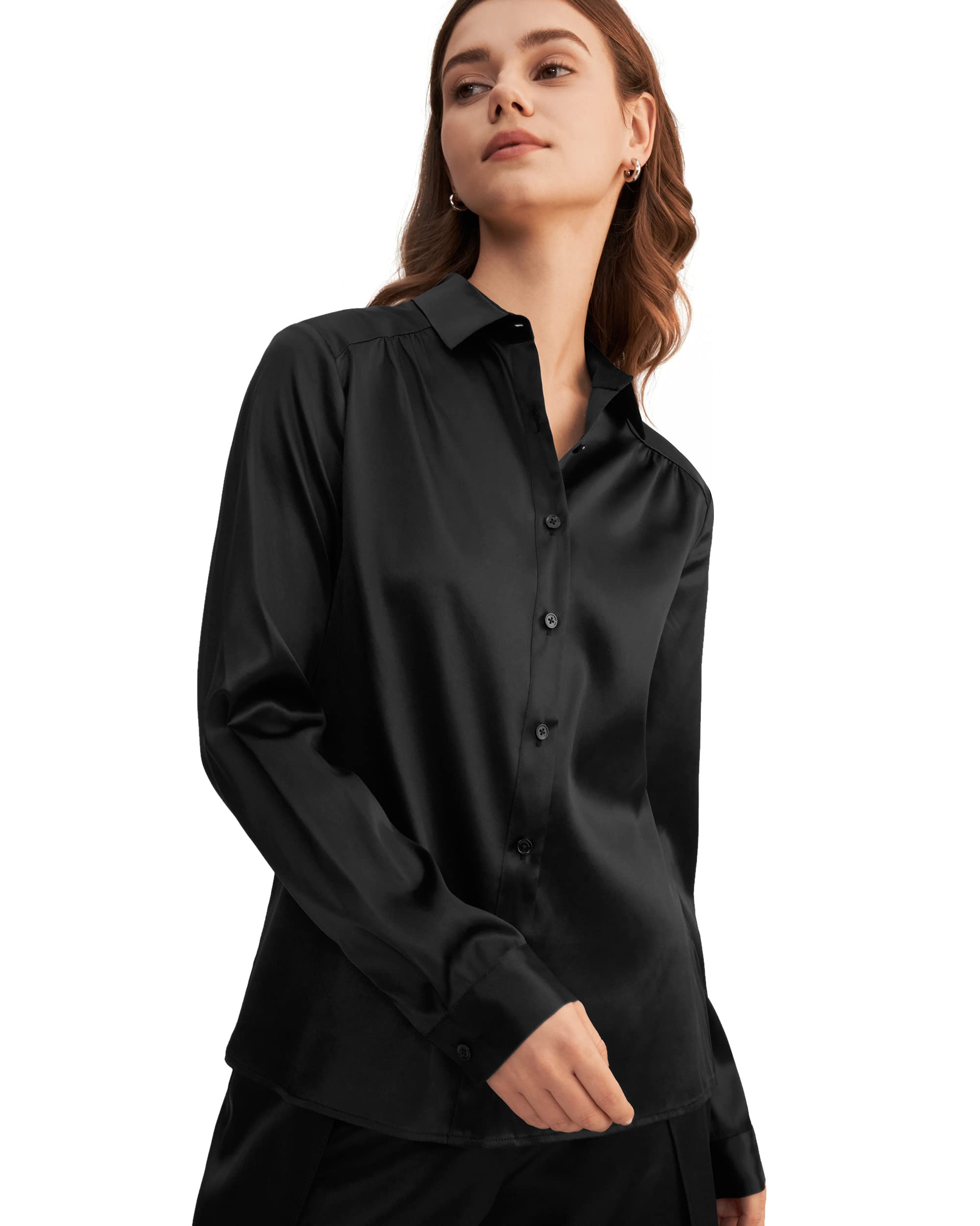 LilySilk Women's 19MM Natural Silk Charmeuse Long Sleeve Collared Blouse - Elegant Office Wear & Business Casual Tops for Professional Women