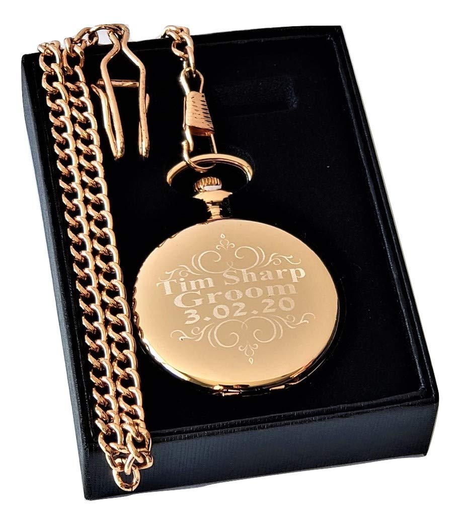 4-Piece Custom Engraved Pocket Watch Set - Black Wedding Gift with Free Engraving, Gift Box & Chains - Perfect for Anniversaries, Graduations & Special Occasions