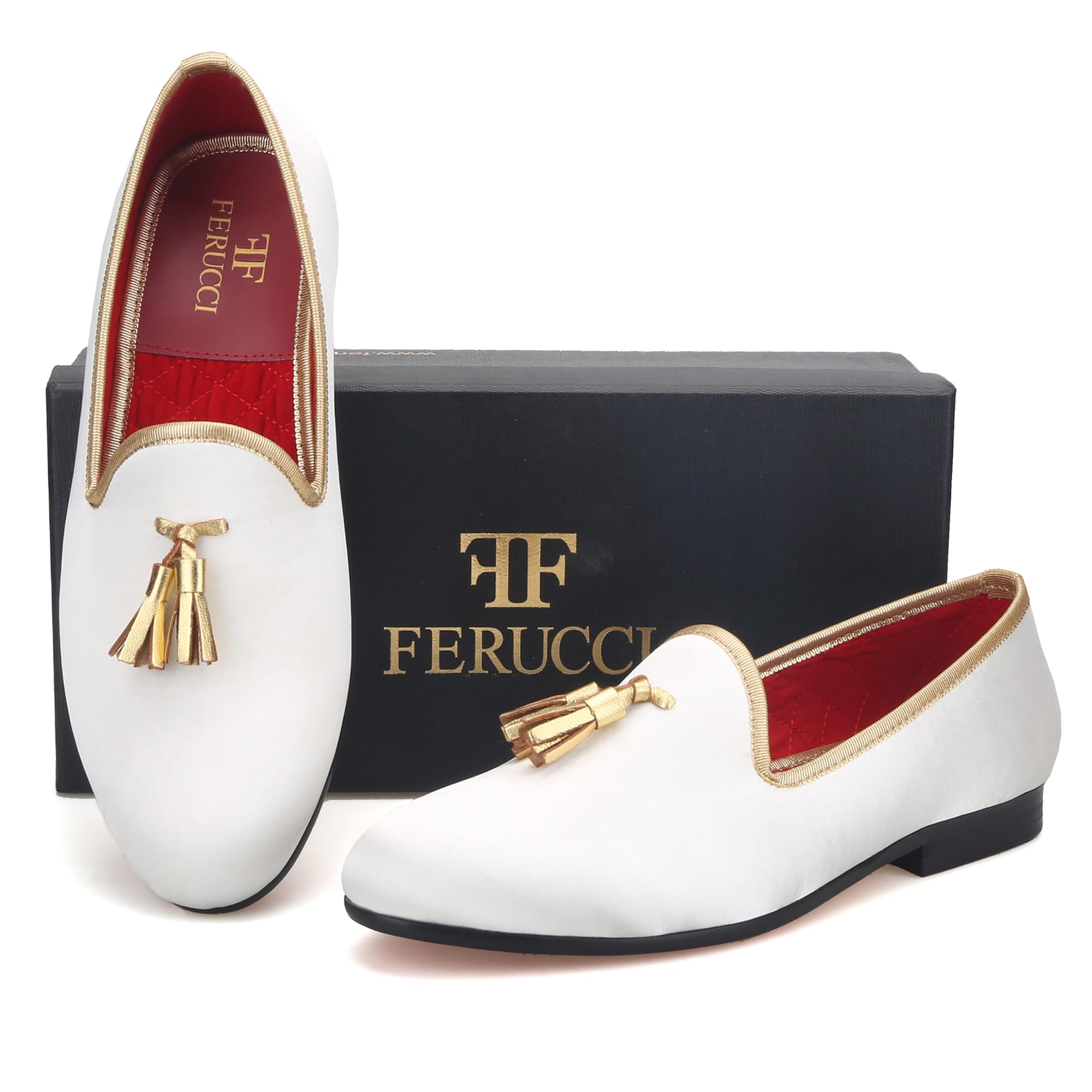 FERUCCI Handmade Men's Velvet Loafers with Gold Tassel - Luxurious White House Slippers for Indoor Comfort & Elegant Lounging