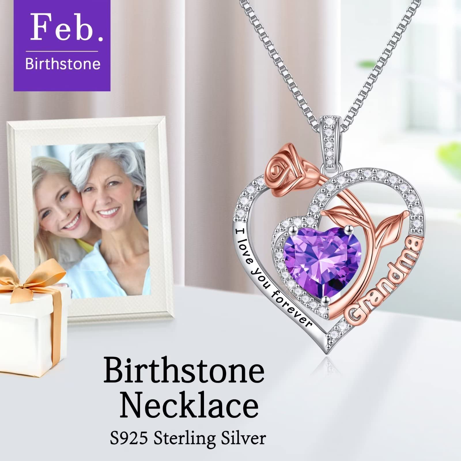 Birthstone Necklace for Grandma - 925 Sterling Silver Rose Heart Pendant, Personalized Gift for Mother's Day, Birthday, Christmas | Perfect for Nana, Mom, Grandma Jewelry & Special Occasions