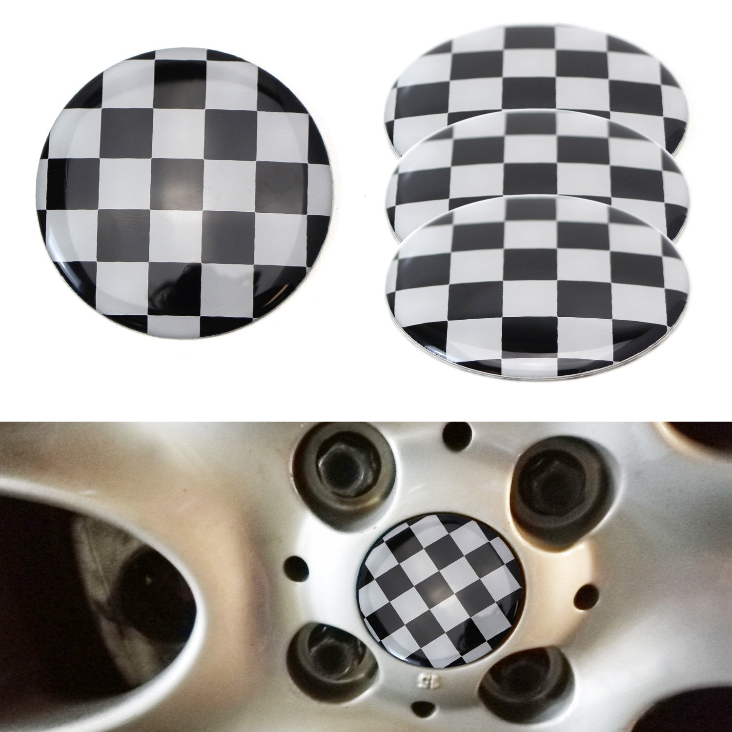 (4) Black & White Checker Wheel Center Cap Covers for MINI Cooper - Stylish Hub Caps for Rims - Perfect for Custom Car Accessories & MINI Cooper Enthusiasts