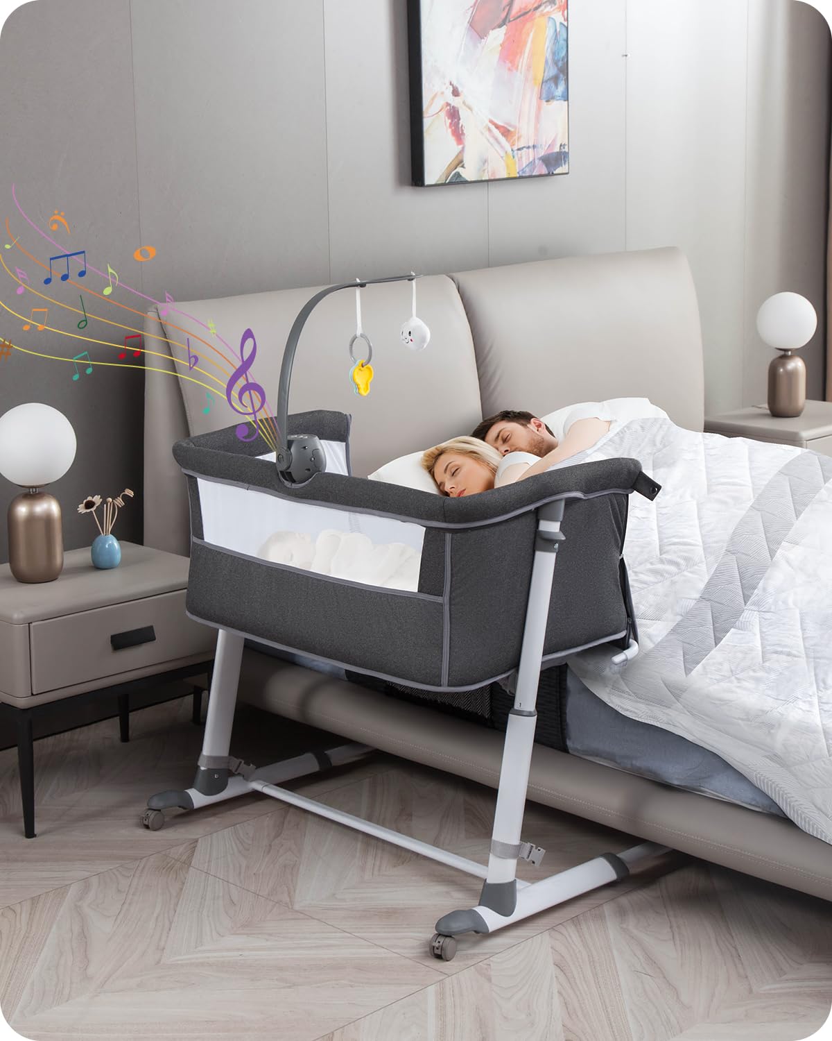 **Yacul Baby Bassinet with Wheels & Music Box - Adjustable Height, Breathable Mesh, Portable Bedside Crib Sleeper for Newborns - Dark Gray - Perfect for Nursery, Bedroom & Travel**