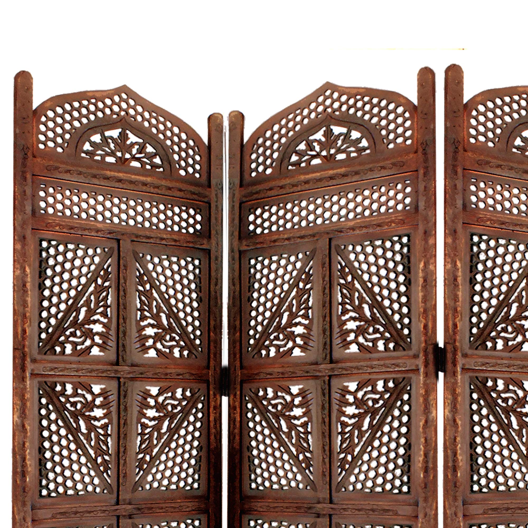 Benjara Traditional 4-Panel Wooden Room Divider with Hand-Carved Details - Antique Brown - Privacy Screen for Home, Office & Bedroom Decor