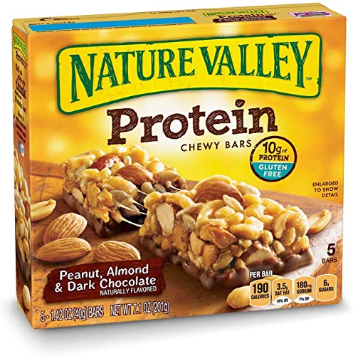 Nature Valley Protein Chewy Granola Bars - Peanut, Almond & Dark Chocolate, Gluten Free Snacks, 1.4 Oz (5 Bars per Pack, 24 Pack Box) - Perfect for Hiking, Office Snacks & Healthy On-the-Go Breakfast