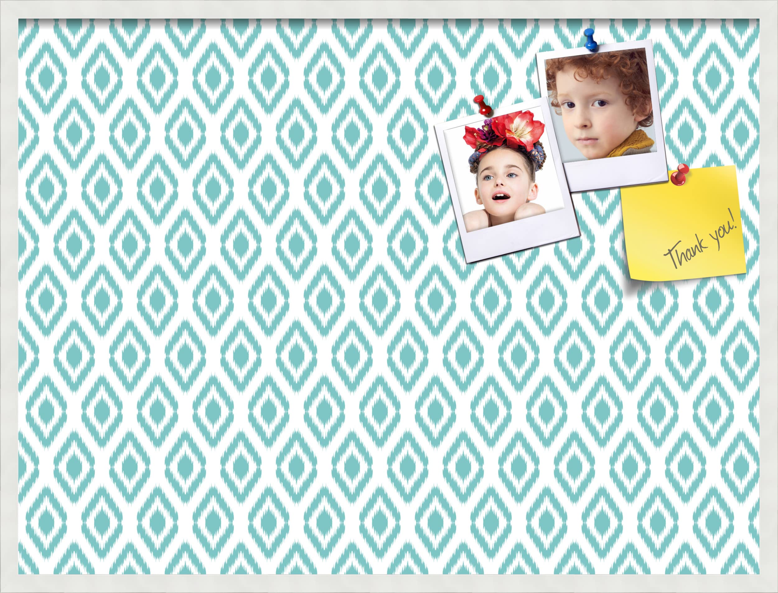 PinPix 40x30 Inch Cork Bulletin Board with Ikat Aqua Design & Satin White Frame - Stylish Decorative Pin Board for Home Office Decor, School Classroom, Dorm Room Organization & Message Display