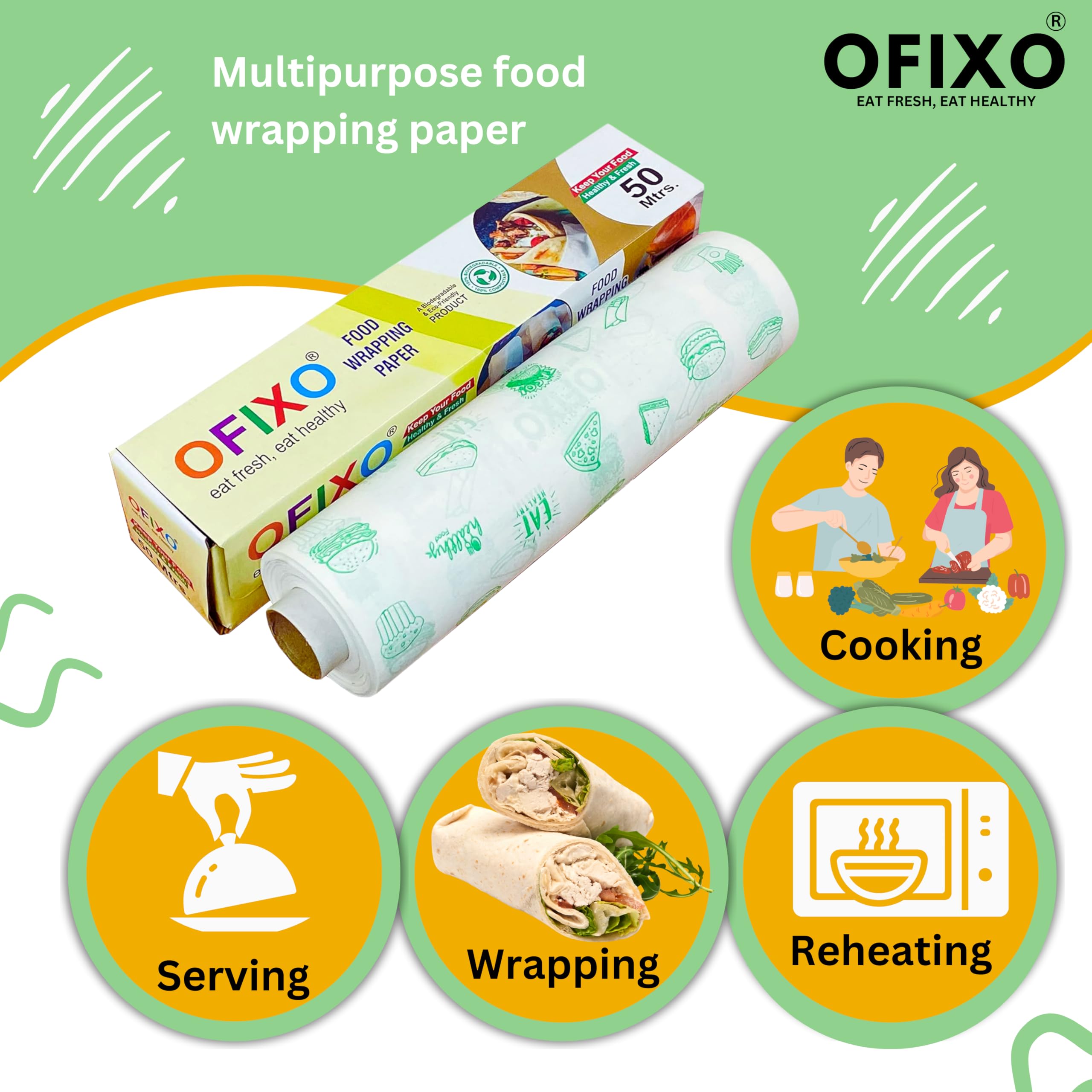 OFIXO Premium Food Wrap Paper - 20 Meter Multipurpose Kitchen Wrap for Cooking, Baking, Food Storage & Serving | BPA-Free, Microwave Safe | Ideal for Meal Prep, Picnics & Leftovers