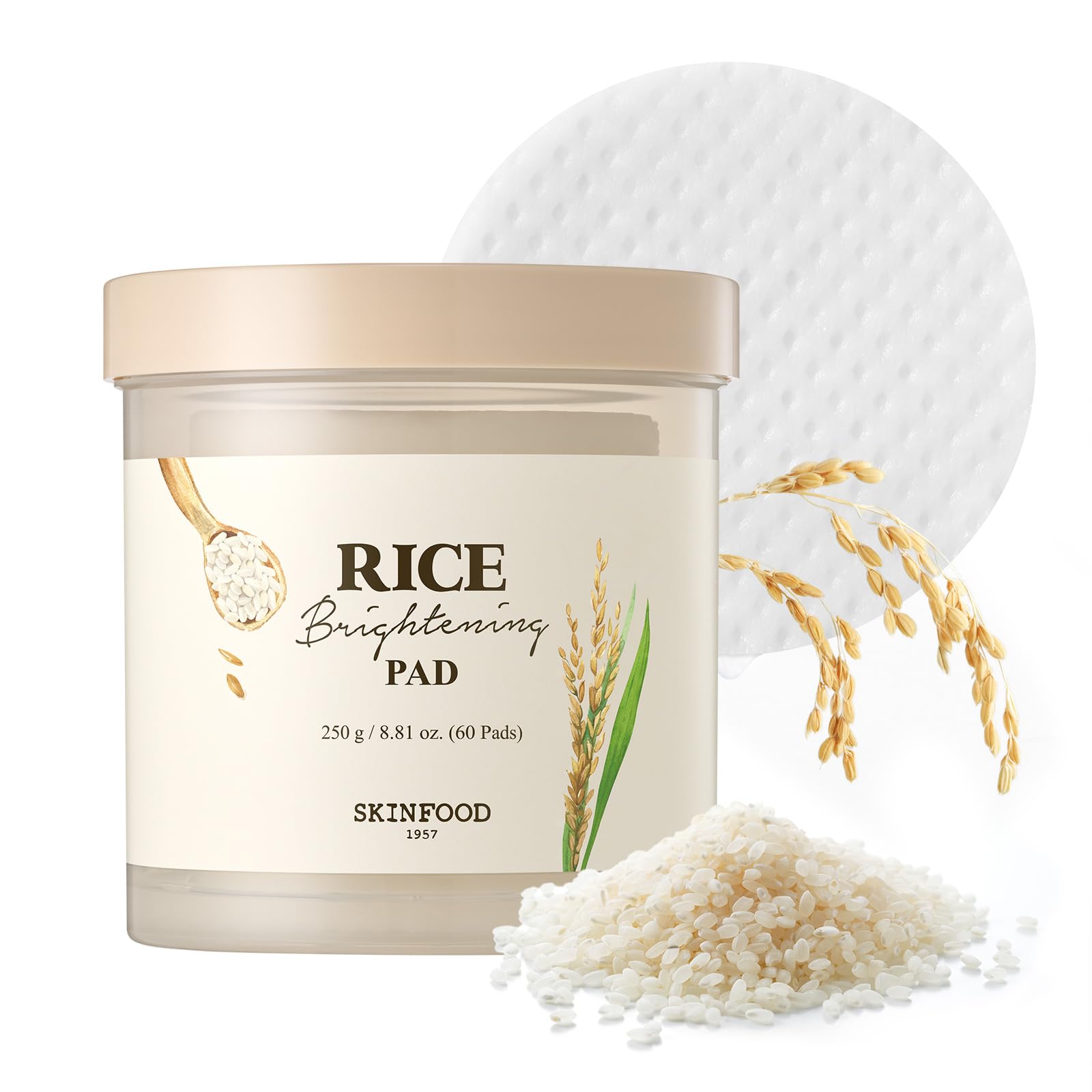 SKINFOOD Rice Daily Toner Pads - Korean Skincare Exfoliating & Hydrating Face Toner with 100% Cotton Pads | Natural Rice Water Milk for Glowing Glass Skin | Vegan, 8.81 oz (60 Pads) | Perfect for Daily Skincare Routine & Travel