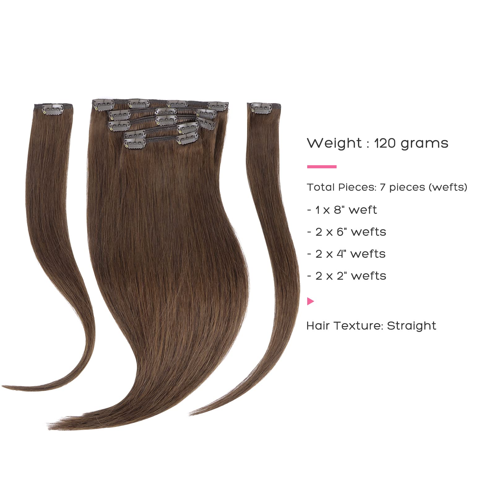 Marat Clip in Human Hair Extensions 20 Inch Straight Chocolate Brown 120g - Natural Look for Daily Wear, Parties & Special Occasions
