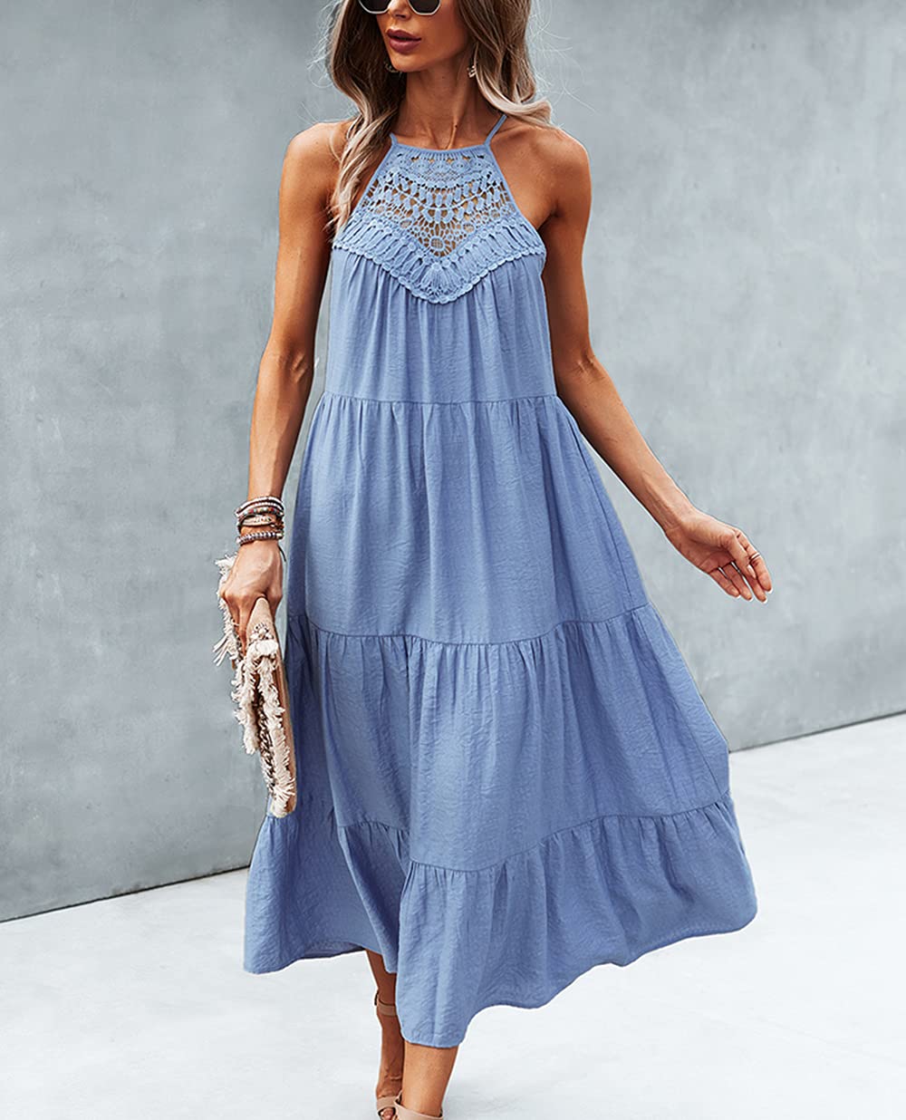 Women's Halter Neck Lace Patchwork Loose Tunic Tank Dress - Sleeveless Summer Casual Sundress for Beach, Vacation & Outdoor Parties