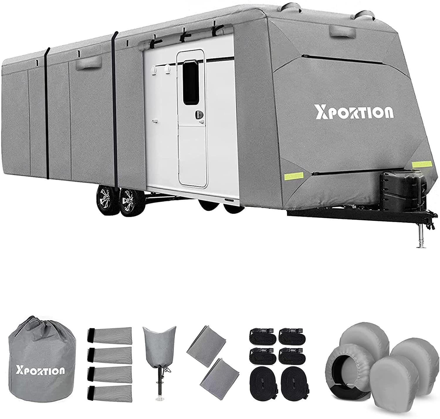XPORTION Heavy-Duty 4-Layer RV Trailer Cover - Windproof, UV-Resistant Camper Cover for 18'-20' Travel Trailers with Tongue Jack & Gutter Protection - Perfect for Winter Storage, Outdoor Camping & Long-Term Vehicle Protection