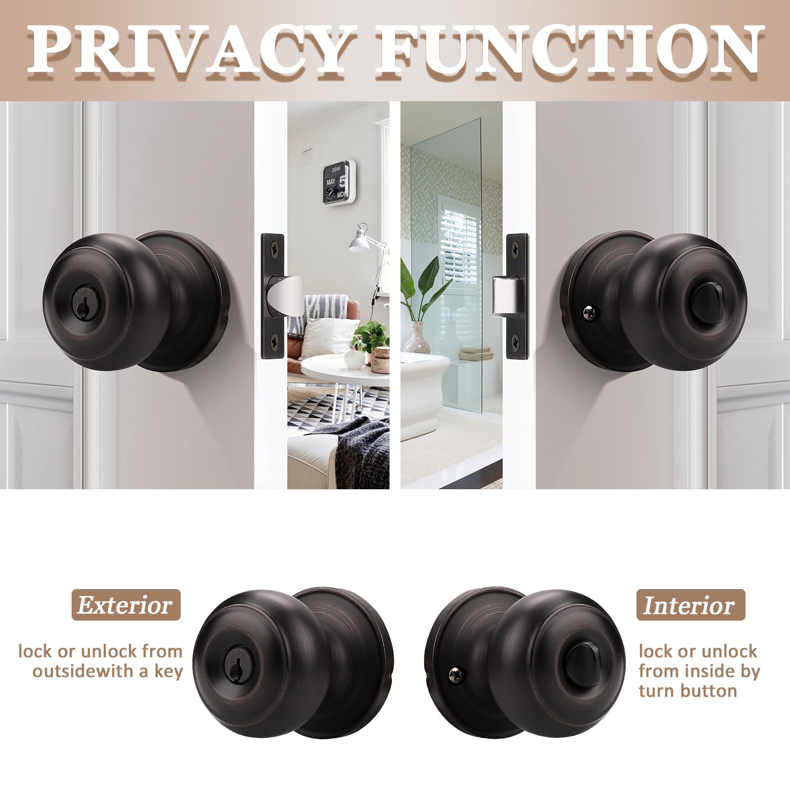 6 Pack Oil Rubbed Bronze Round Entry Door Knobs - Keyed Alike Exterior/Interior Door Handles for Bedroom, Bathroom, Front & Office Doors - Secure Lock with 3 Combo Keys | Perfect for Home Security & Commercial Use