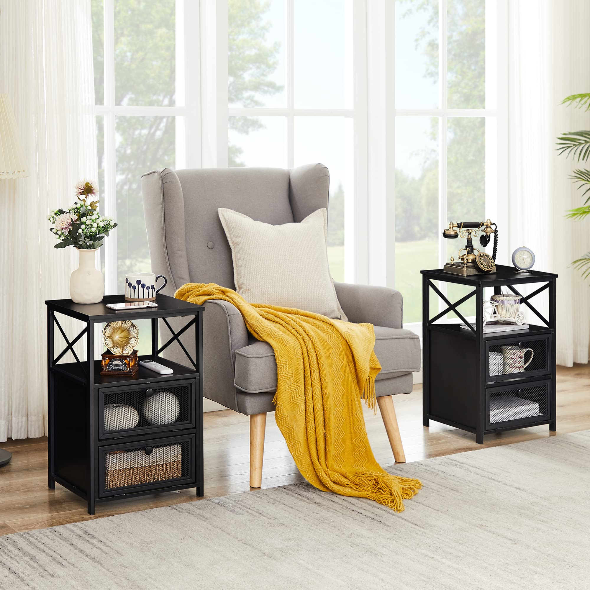 VECELO 2-Piece Modern End Side Table Set with Storage Space & Door - Nightstand for Bedroom, Living Room, Lounge - Antique Black Finish | Perfect for Small Spaces, Apartment Decor & Guest Room Essentials