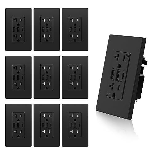 ELEGRP 30W 6.0A 3-Port USB C Wall Outlet with Tamper-Resistant Design - 20 Amp Electrical Receptacle with USB C Ports, UL Listed, Includes Screwless Wallplate (10 Pack, Matte Black) - Perfect for Home, Office, and Hotel Room Charging Stations