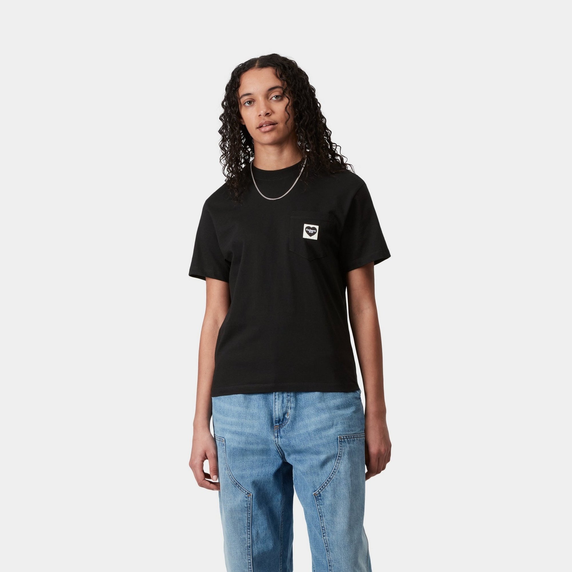 Women's Heart Print Pocket T-Shirt - Soft Cotton Casual Tee for Everyday Wear | Black & Black | Perfect for Casual Outings, Dates, and Layering