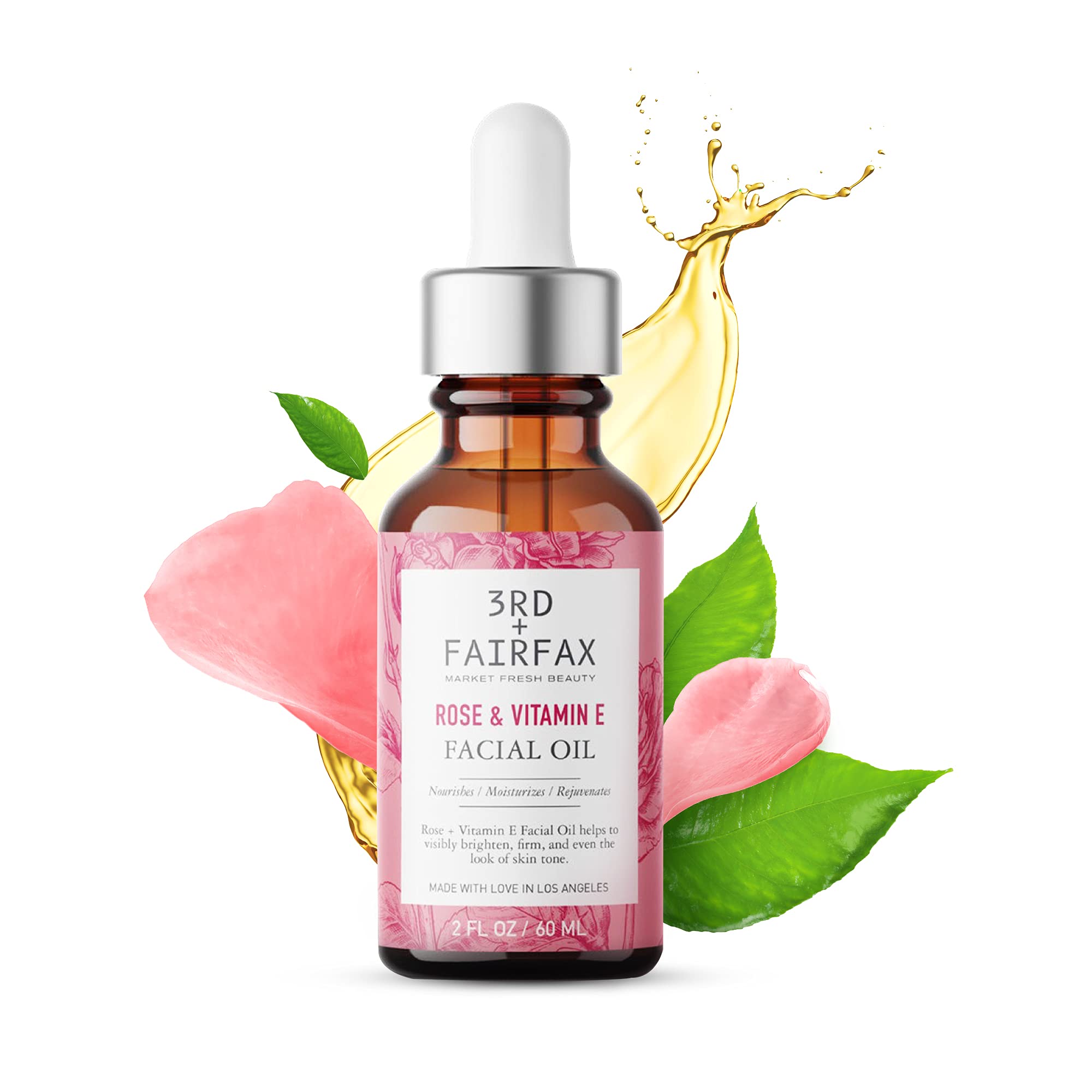 Rose & Vitamin E Facial Oil - 2oz | Hydrating & Anti-Aging Face Oil for Dry Skin | Perfect for Night Routine & Glowing Skin Care