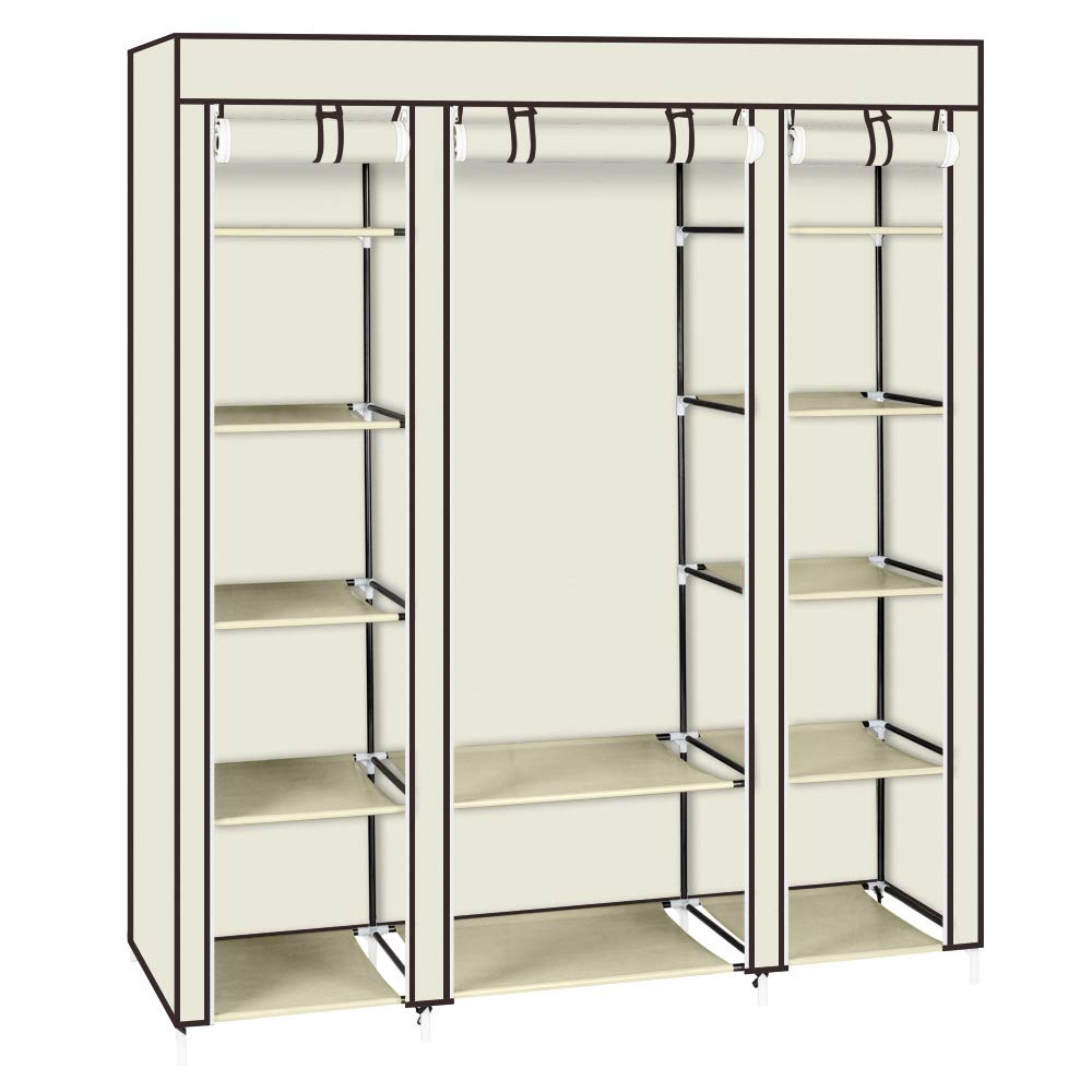 Portable Wardrobe Closet Organizer with Double Rod & 12 Shelves - 69-Inch Large Clothes Storage Cabinet in Beige | Non-Woven Fabric Armoire for Bedroom, Closet & Dorm Organization | Perfect for Seasonal Clothes, Shoes & Accessories Storage