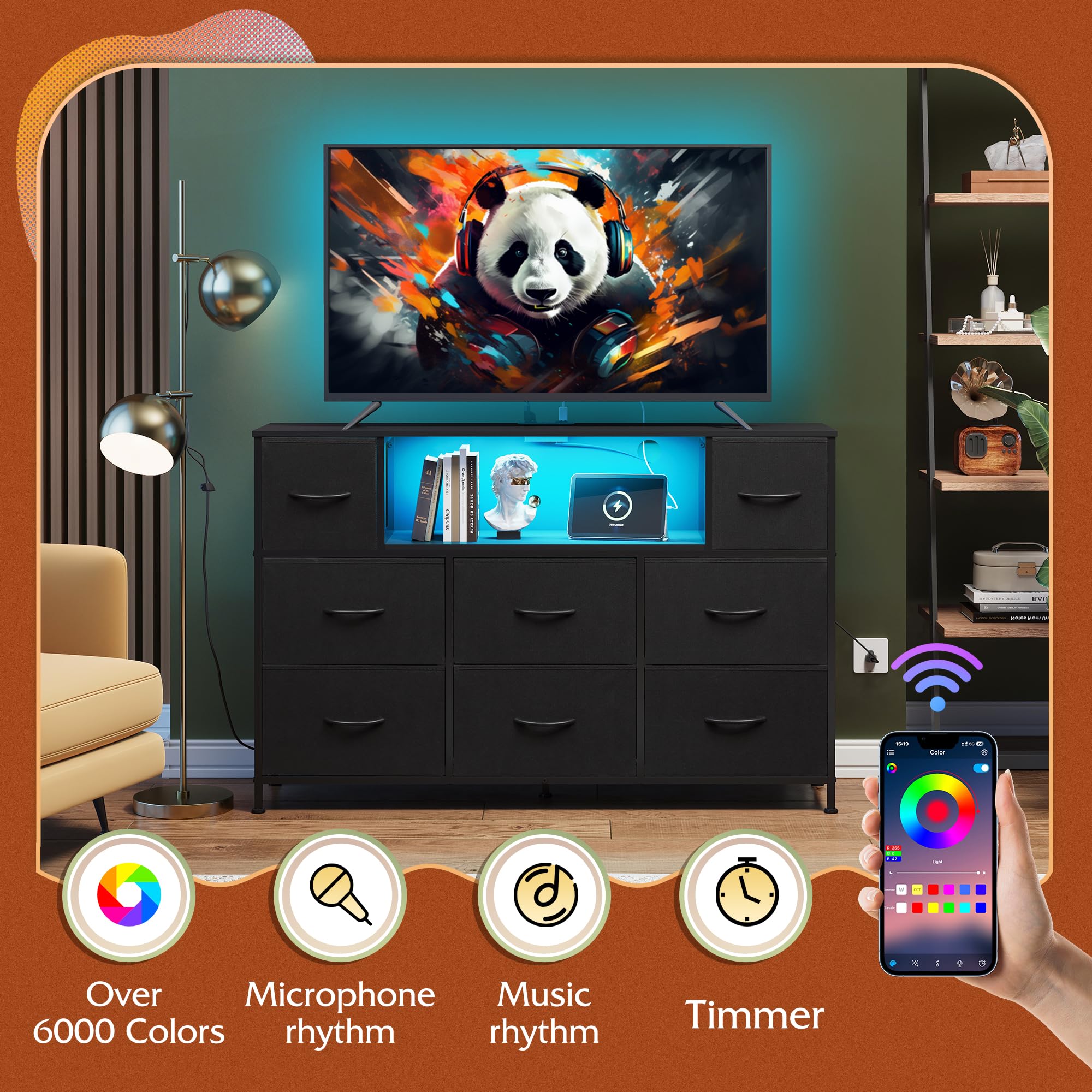 WLIVE Modern Black Dresser with LED Lights & Charging Station - 8-Drawer Fabric Storage Cabinet for Bedroom, Living Room or Closet - TV Stand Fits 55 Inch Screens with Open Shelves - Perfect for Bedroom Organization & Entertainment Setup
