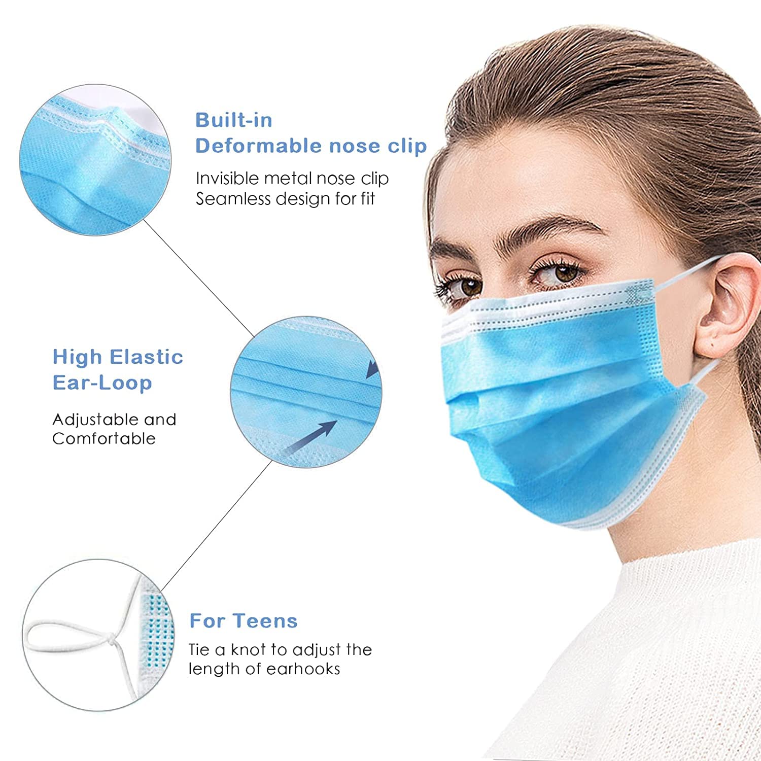 PURE PLUS™ 100-Pack Disposable Blue Face Masks - 3-Ply Soft Skin Protection with Elastic Earloop - Ideal for Home, Office, School & Outdoor Use - Breathable & Comfortable for Daily Wear, Travel & Public Safety