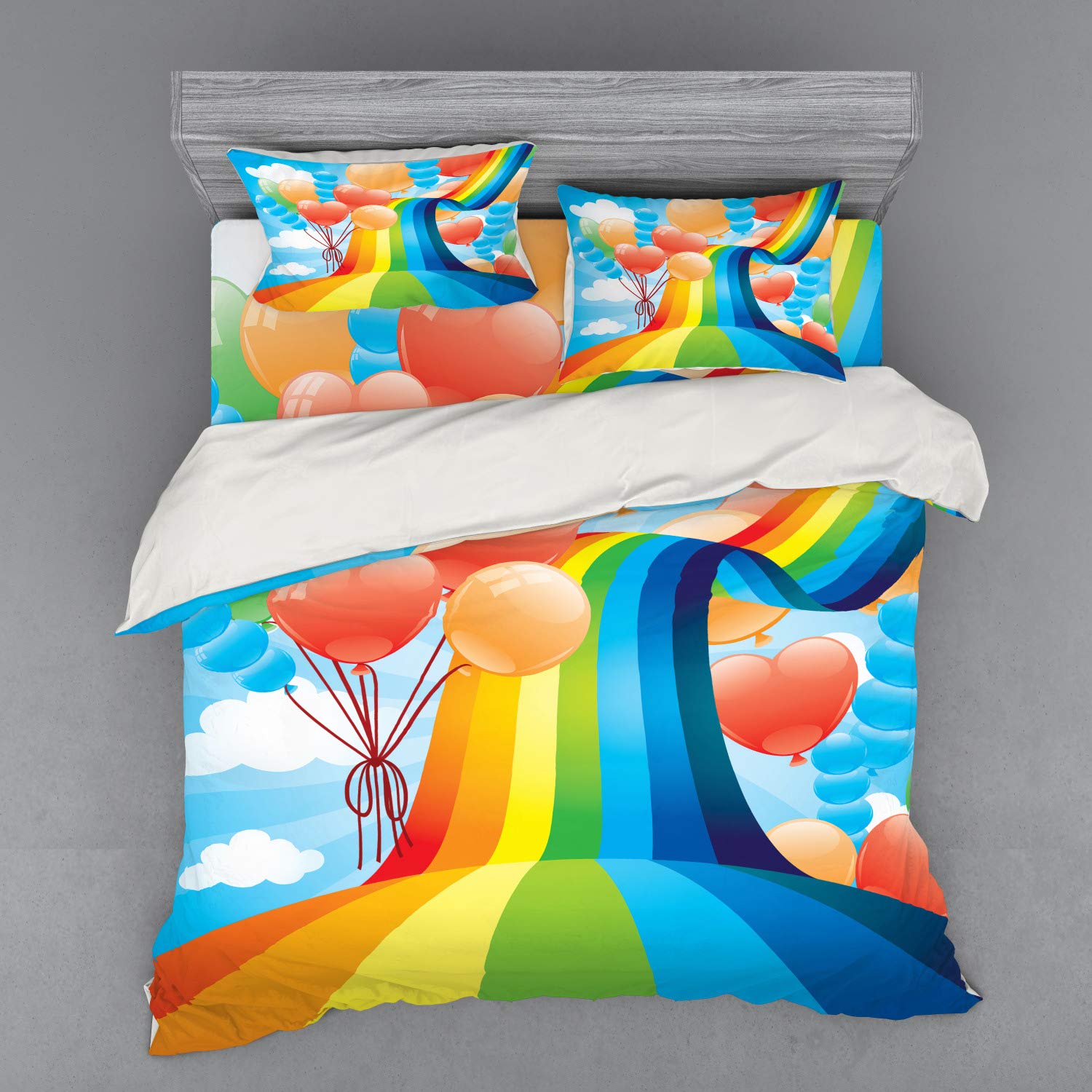 Ambesonne Cartoon Bedding Set - Rainbow Sky with Balloons & Hearts, 4-Piece Duvet Cover Set with Shams & Fitted Sheet, King Size, Multicolor - Perfect for Valentine's Day, Spring Decor & Romantic Bedroom Themes
