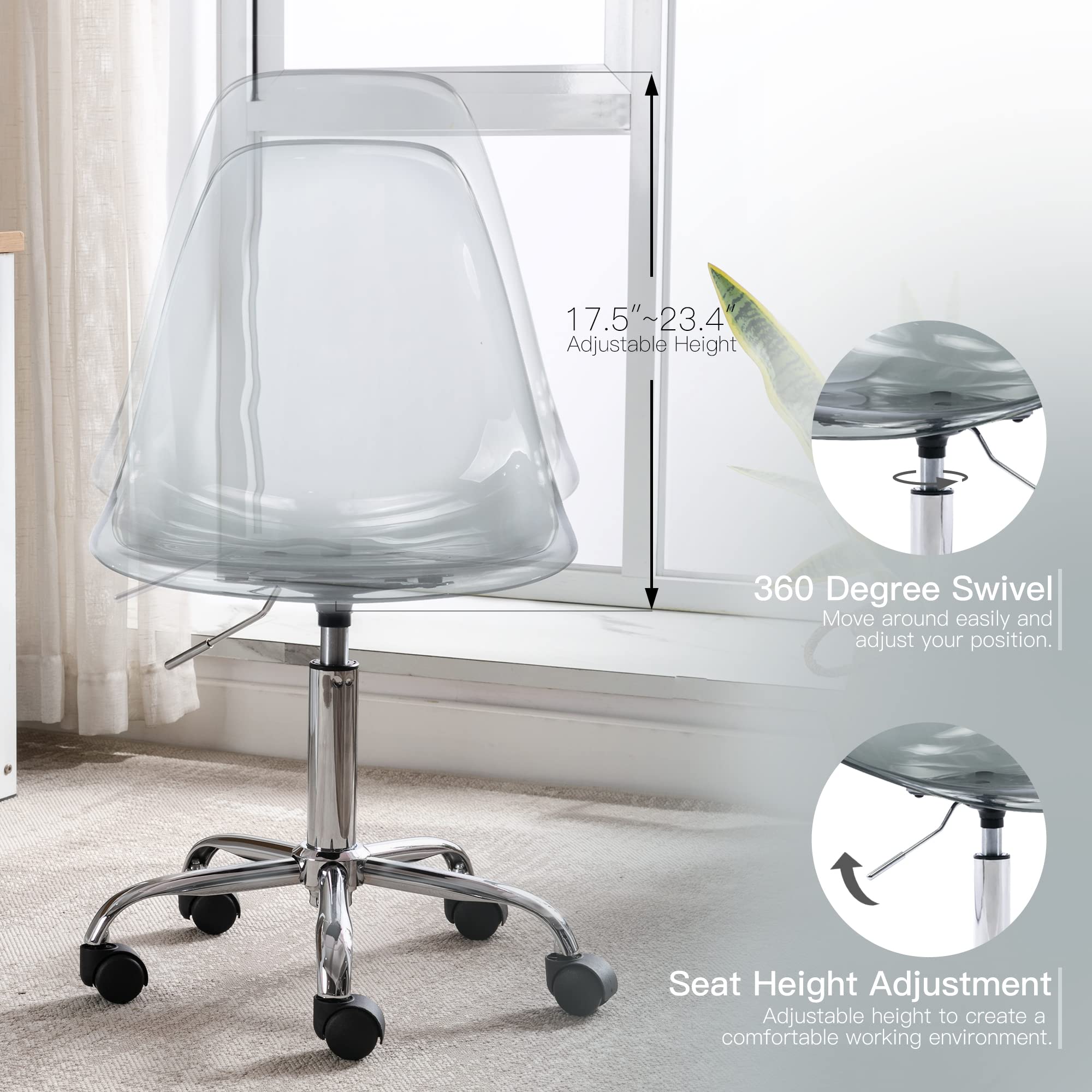 Modern Acrylic Clear Desk Chair - Adjustable Height Rolling Office Chair, Small Armless Plastic Vanity Chair for Home Office, Dorm, Study & Workspace - Black Lucite Ghost Chair with Wheels