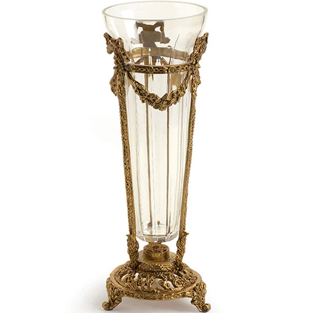 Luxury Crystal Glass Vase for Home & Office Decor - Handcrafted Carved Copper Base, Artificial Flower Arrangement Centerpiece - Clear 27x10cm - Perfect for Weddings, Living Room, Villa & Artwork Display