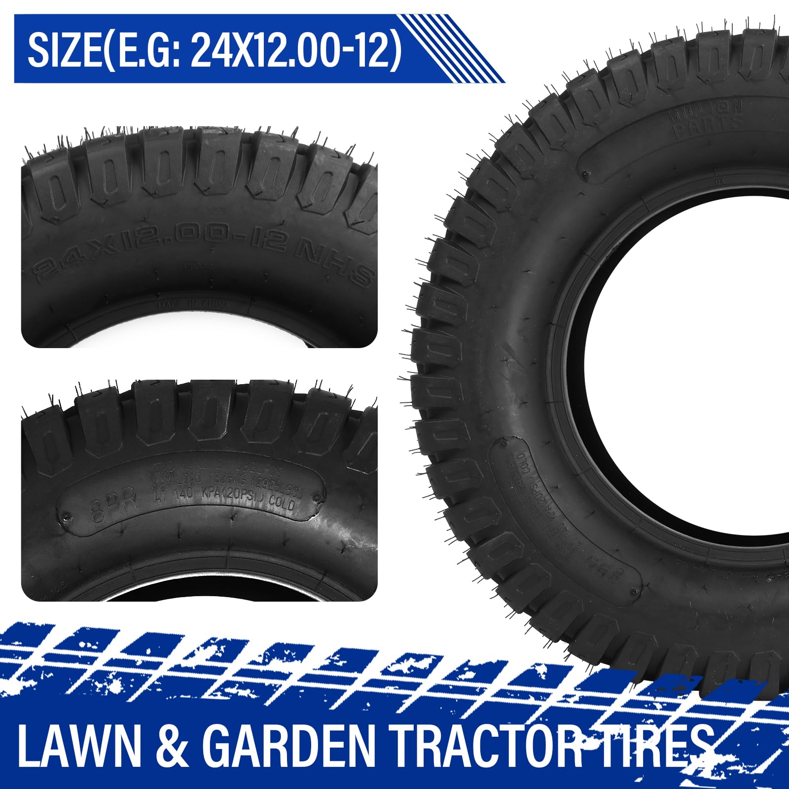 24x12-12 8PR Lawn & Garden Tractor Tires - Heavy Duty 24x12x12 Golf Cart Tires (Set of 2) - Perfect for Mowing, Landscaping & Golf Course Maintenance