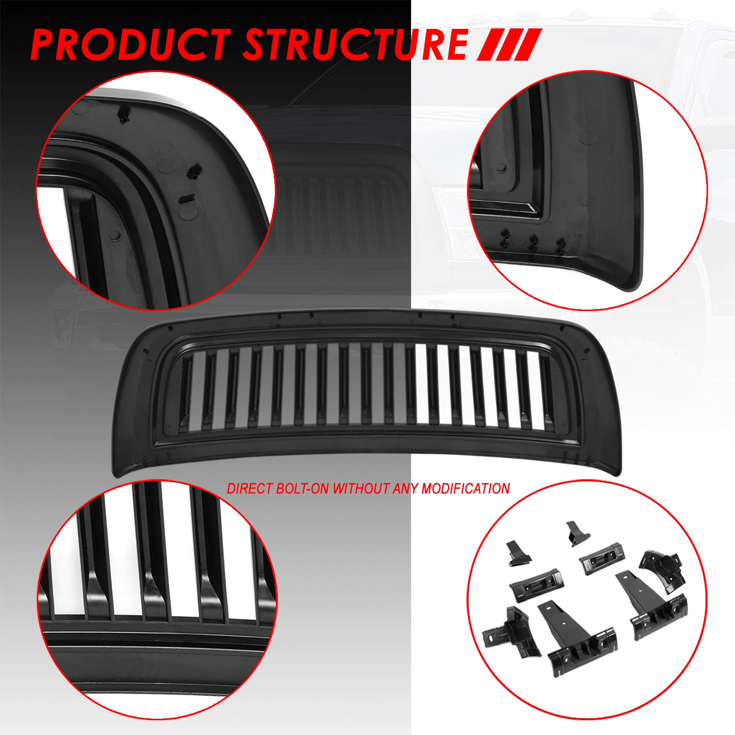 Auto Dynasty Matte Black Badgeless Vertical Slat Front Bumper Grille for Ram 2500 3500 DS/DJ/D2 (2010-2018) | Aggressive Style Upgrade for Trucks & Off-Road Adventures