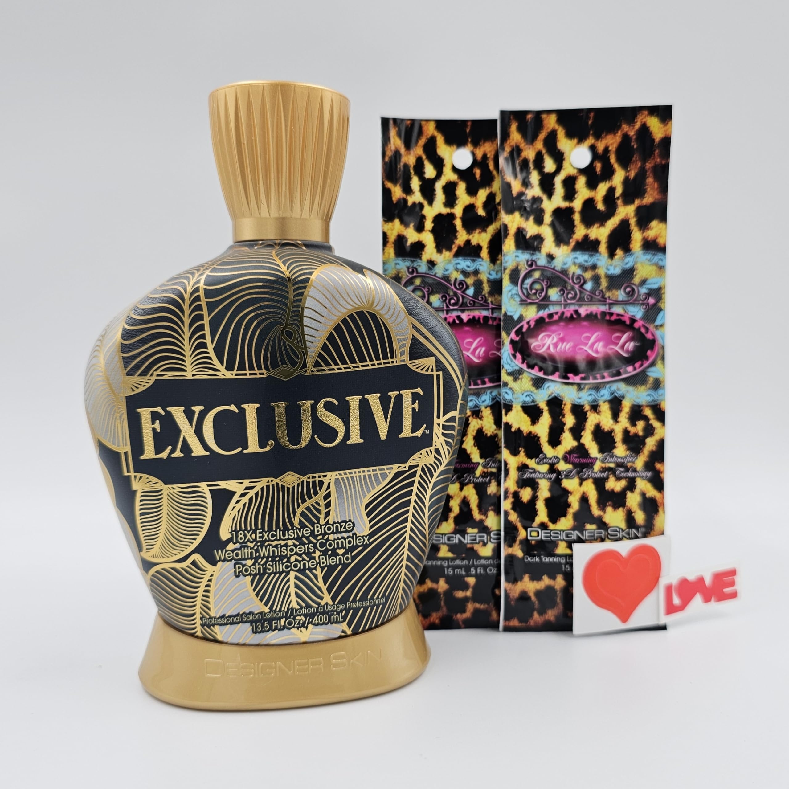 Designer Skin Exclusive 18x Bronzer Tanning Lotion 13.5 fl oz - Includes 2 Rue La La Packets & Body Stickers - Achieve a Sun-Kissed Glow for Pool Parties & Beach Vacations