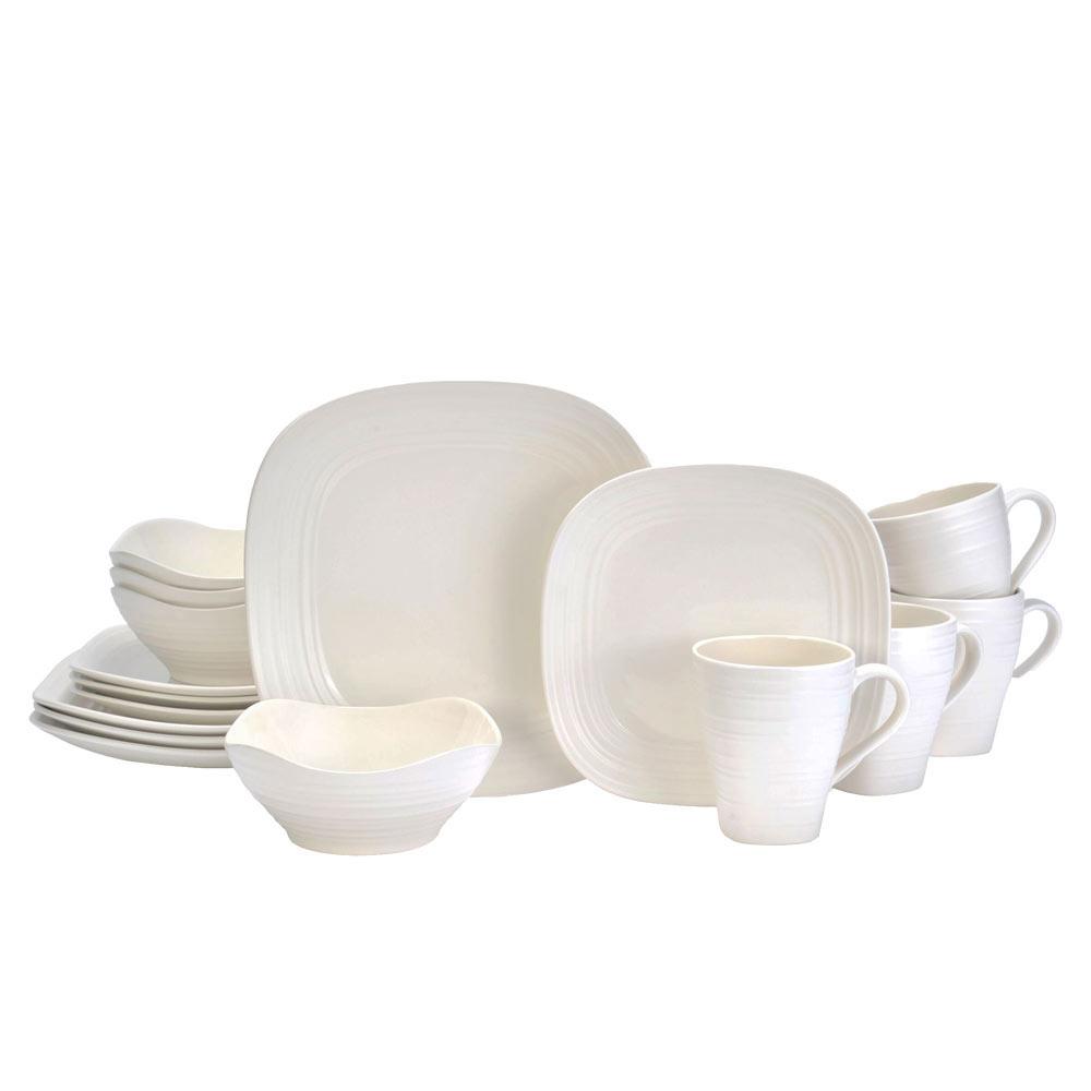 16-Piece White Square Dinnerware Set - Service for 4, Modern Swirl Design for Everyday Dining & Entertaining | Dishwasher & Microwave Safe