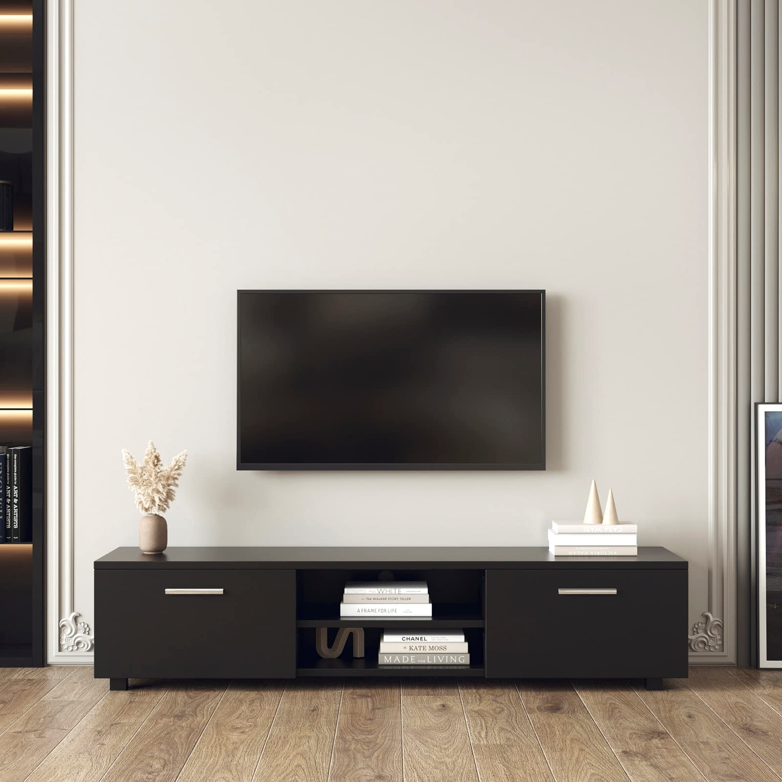 Black TV Stand for 70 Inch TV - Modern Media Console Entertainment Center with 2 Storage Cabinets & Open Shelves - Perfect for Living Room, Bedroom, Home Theater & Gaming Setup