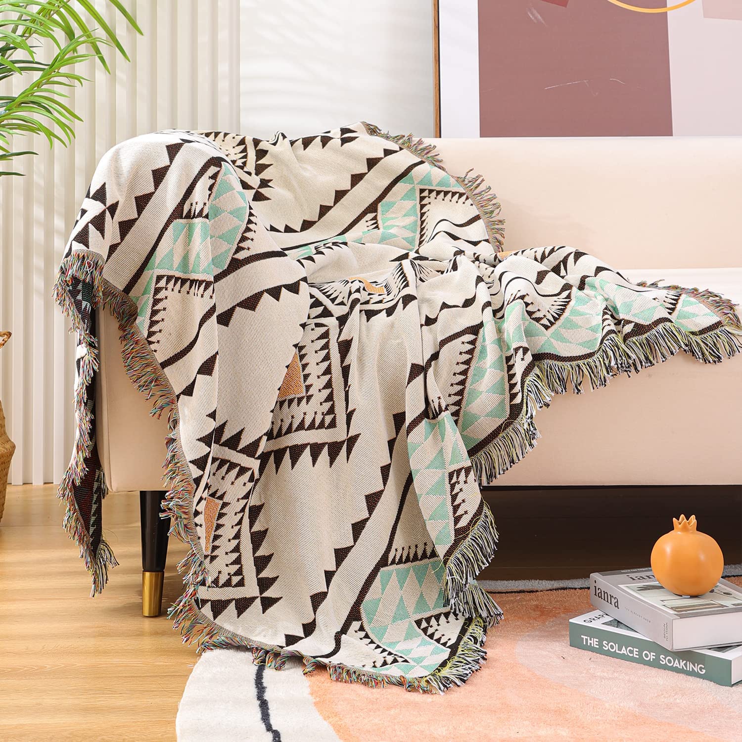 Southwest Aztec Native American Reversible Woven Blanket with Tassels - Boho Western Decor for Couch, Bed, Outdoor Camping & Travel - Perfect for Home, Picnics and Festivals
