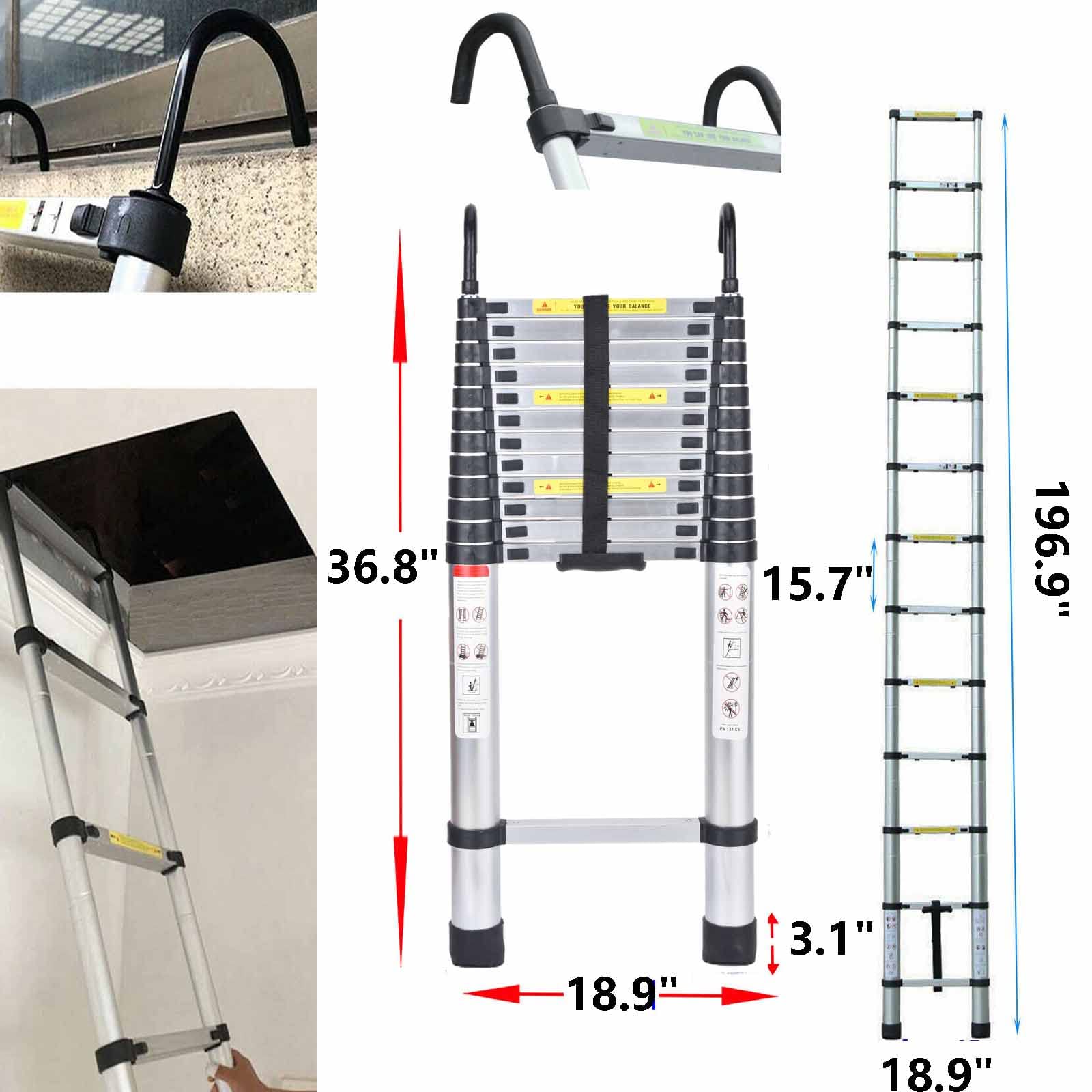 16.4ft Aluminum Telescoping Ladder - EN131 Certified Extension Ladder with 2 Detachable Hooks | 330lbs Max Load | Lightweight & Compact Folding Ladder for Roof Access, Ceiling Work, Home Maintenance, and Outdoor Projects