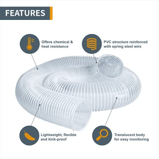 POWERTEC 70220V 5-Inch x 10-Foot PVC Dust Collection Hose - Heavy Duty Flexible Vacuum Hose for Woodworking, Shop Vacuums & Dust Extractors | Ideal for Workshops, Wood Shops & DIY Projects