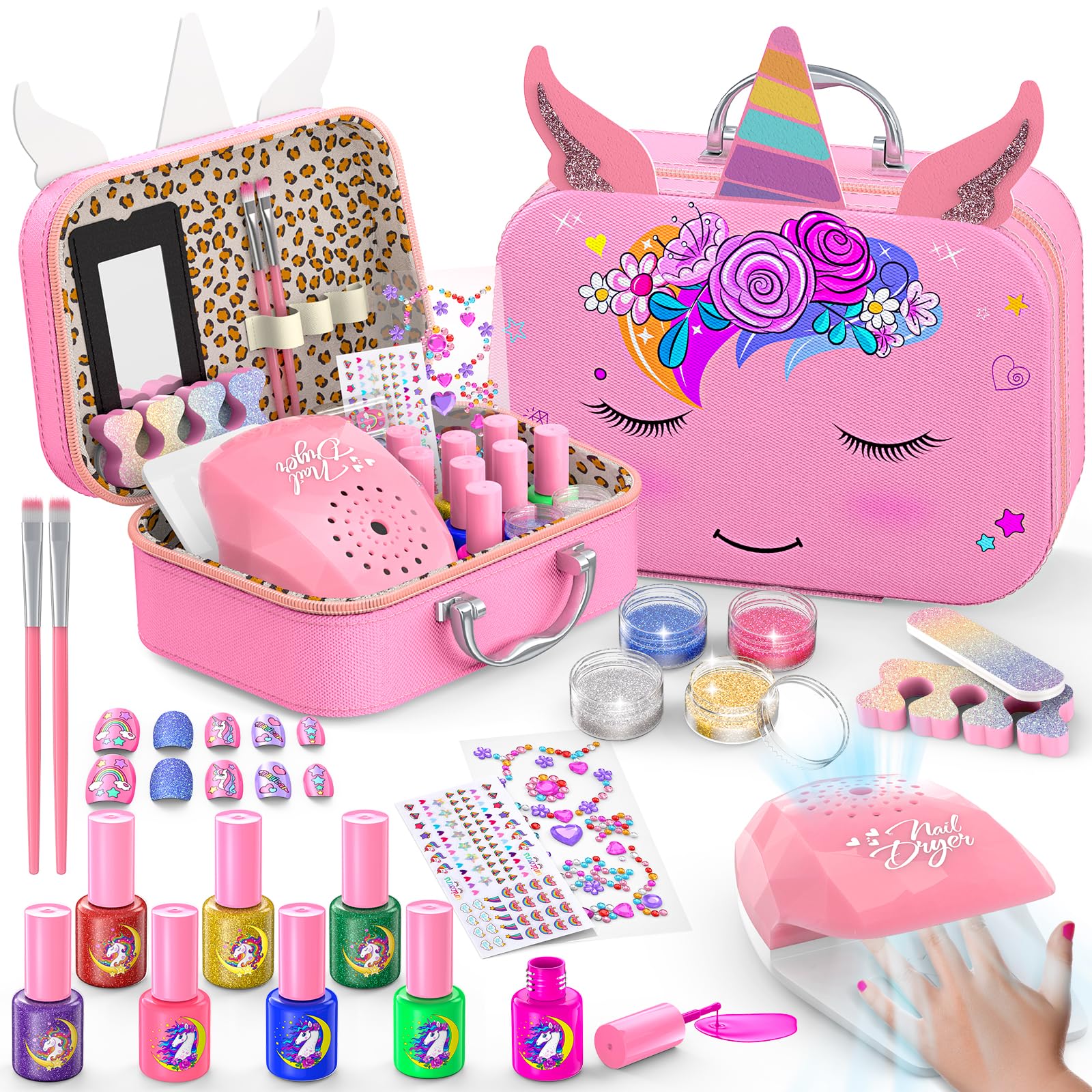 Non-Toxic Quick Dry Kids Nail Polish Set for Girls Ages 3-12 - Peelable Nail Art Salon Kit with Nail Dryer, Safe & Fun DIY Manicure Gift for Birthday Party, Spa Day & Pretend Play
