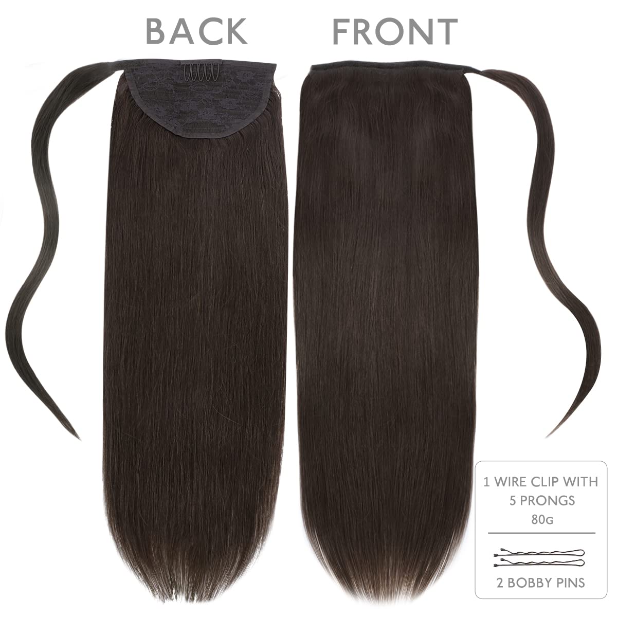 WENNALIFE 14 Inch Dark Brown Human Hair Ponytail Extension - 80g Clip-in Wrap Around Remy Hairpiece for Women | Perfect for Parties, Weddings & Everyday Styling