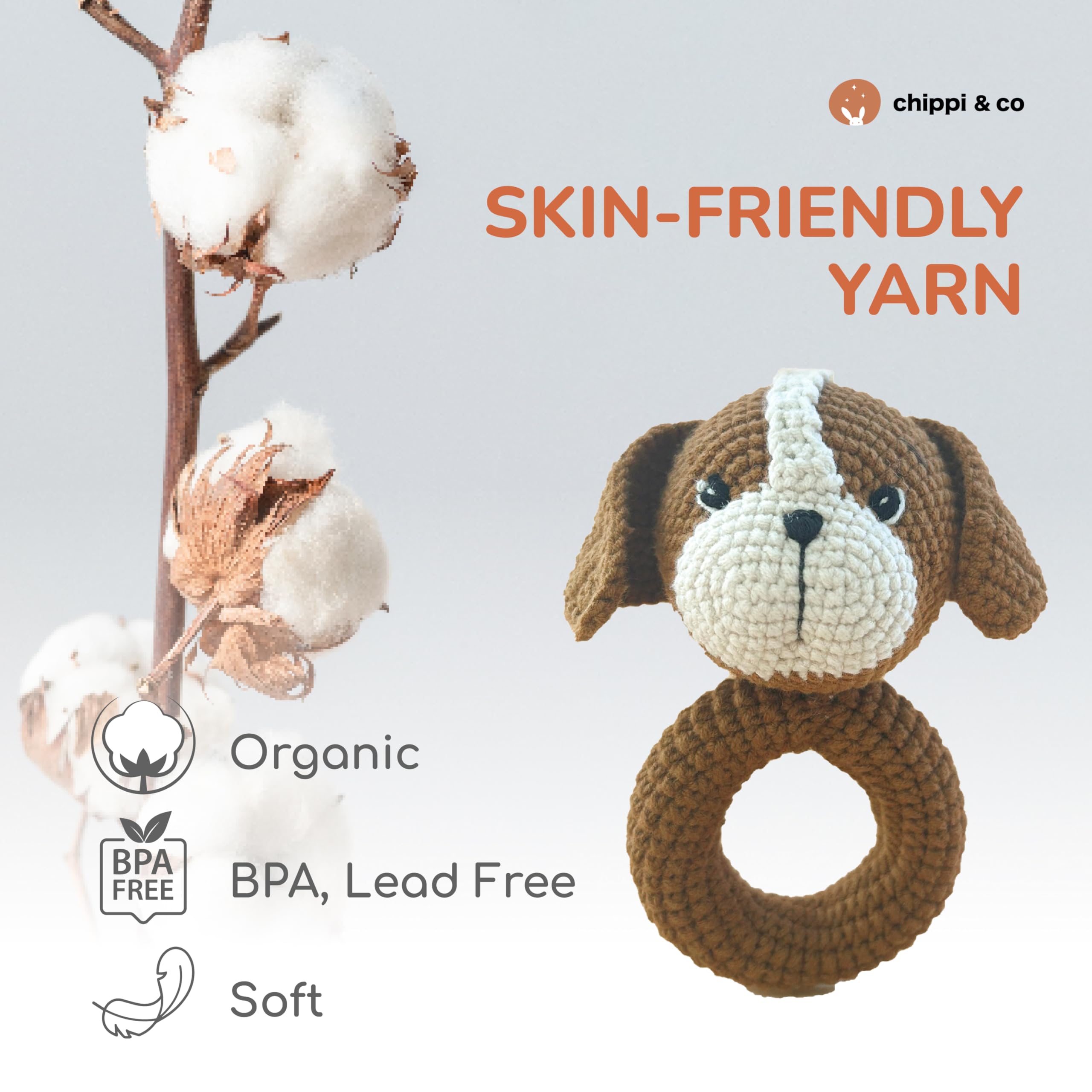Organic Crochet Baby Rattle & Stuffed Animal Toy - Handmade Gift for Newborns, Baby Showers & Mom-to-Be (Dog)