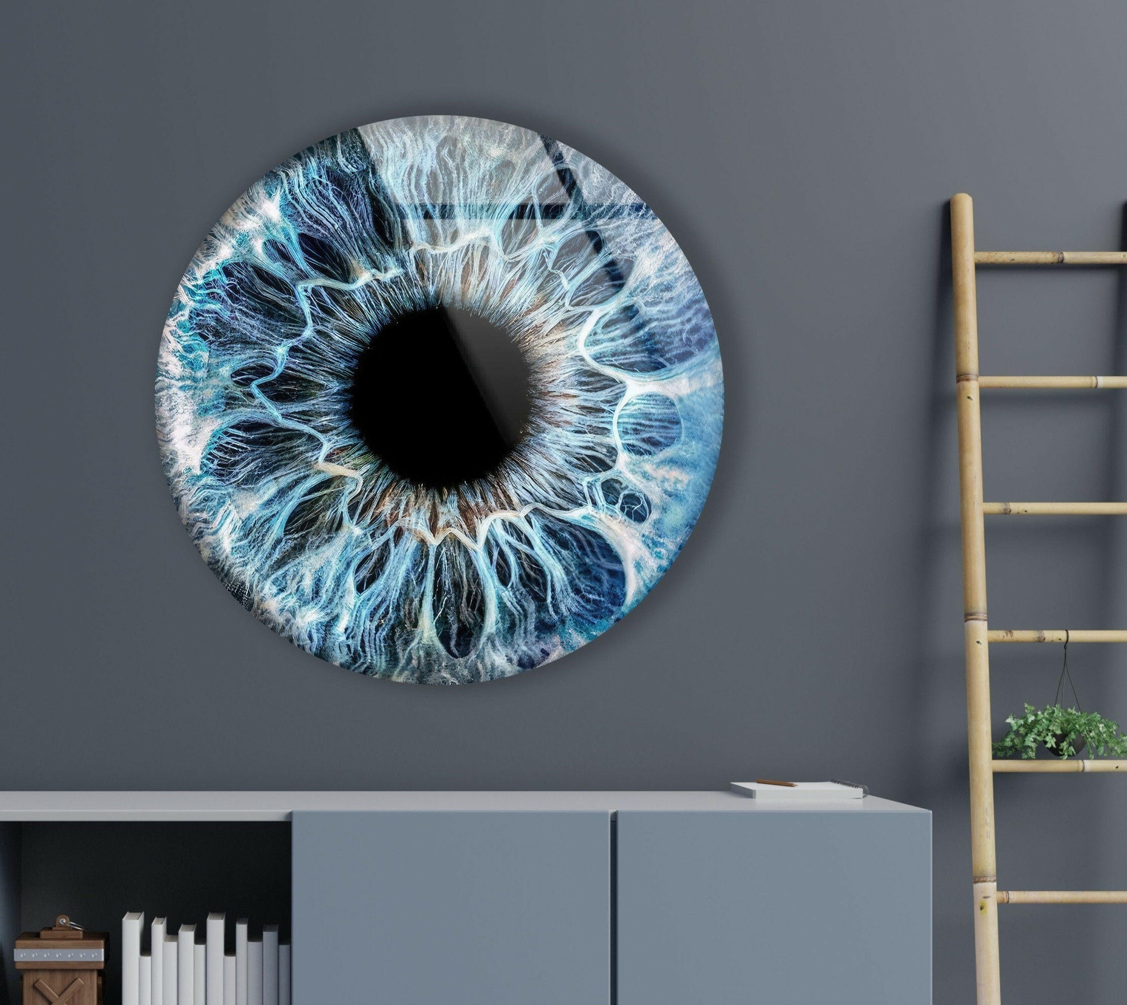 Blue Eye Round Glass Wall Art Decor - Handmade Bohemian Style Hanging Decoration for Living Room, Bedroom & Office