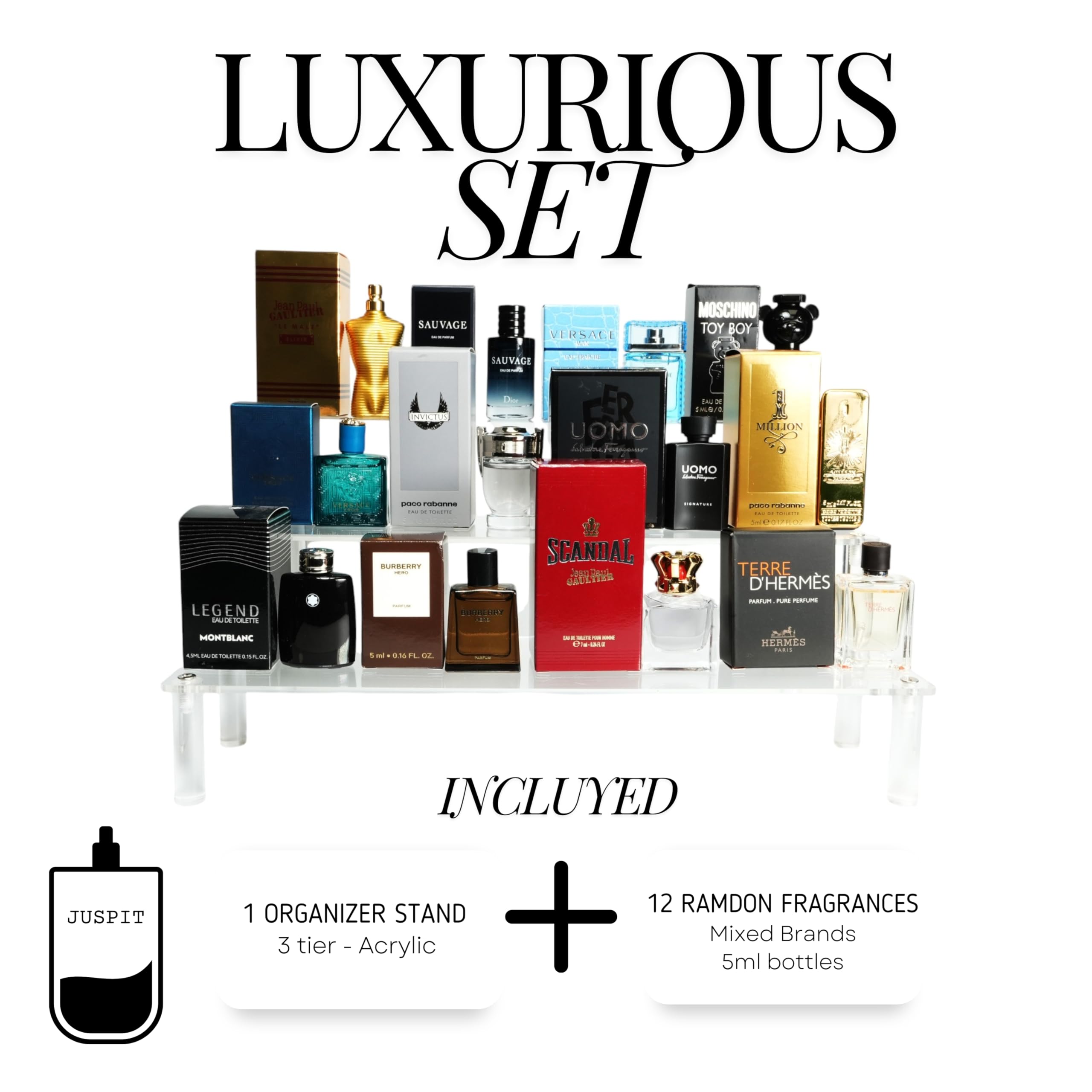 12-Piece Designer Men's Cologne Fragrance Set with Acrylic Organizer Stand - Mini Perfume Sampler & Travel Size Gift Set for Him | Perfect for Gifting, Travel & Daily Use