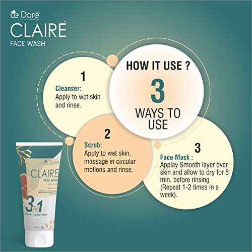 Le Dore Claire 3-in-1 Anti-Acne Clay Face Wash with Zinc PCA, Witch Hazel & Tea Tree Oil - Deep Cleansing, Reduces Breakouts & Blemishes, Rejuvenates Skin - 60g for Oily, Acne-Prone & Sensitive Skin | Perfect for Daily Skincare Routine & Post-Workout Cleansing