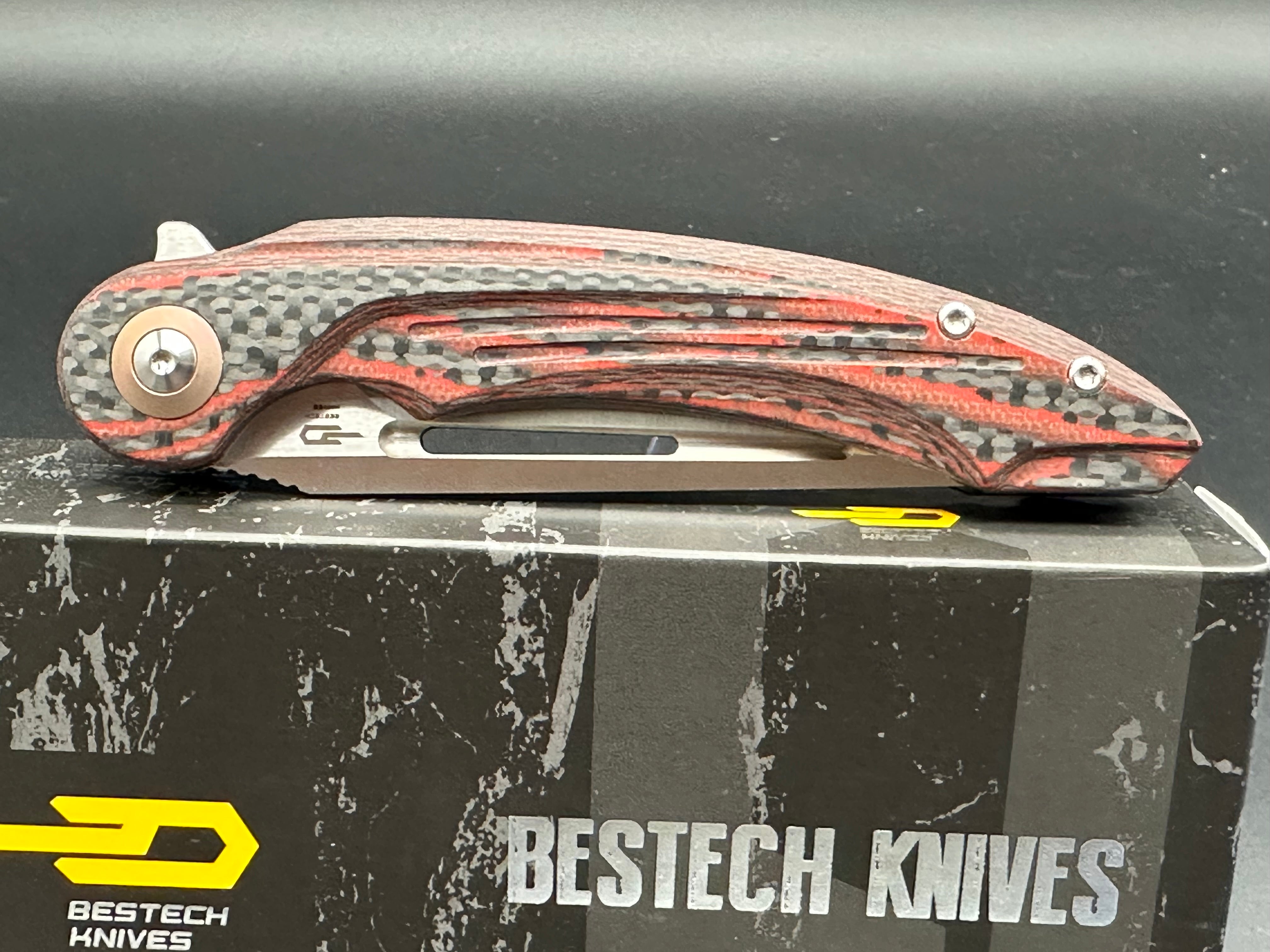 BESTECH IRIDA Folding Pocket Knife - Black & Red G10 Carbon Fiber Handle, 14C28N Stainless Steel Plain Blade (BG25E) | EDC, Camping, Outdoor Survival Tool
