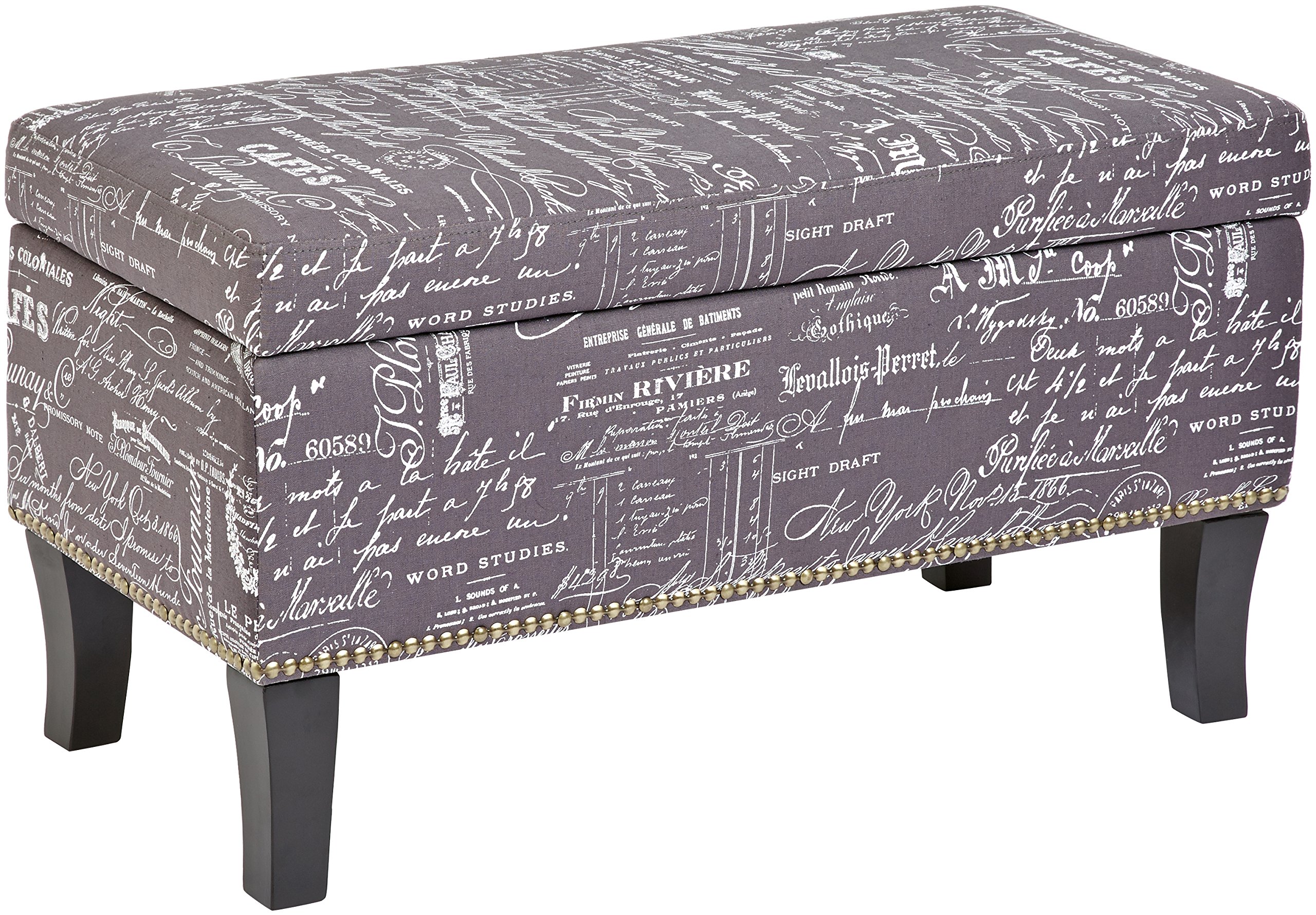 FIRST HILL FHW Endora Rectangular Fabric Storage Ottoman with Script-Style Pattern - Storm Grey | Multi-Purpose Storage Bench for Living Room, Bedroom & Entryway | Space-Saving Home Decor