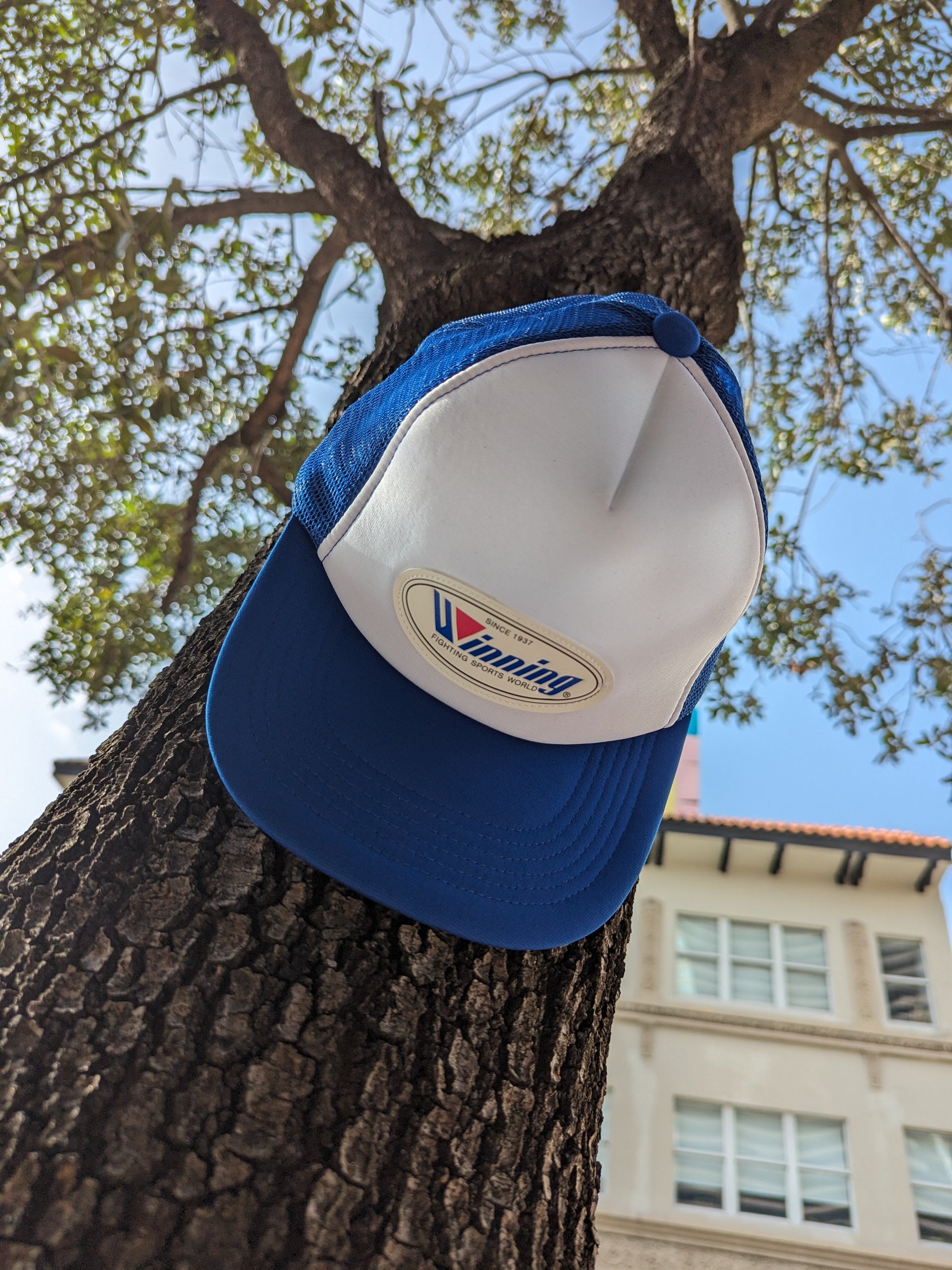 WINNING HAT LOGO Trucker Cap - Blue/White Adjustable Snapback Hat for Men & Women - Perfect for Sports, Outdoor Activities and Casual Wear