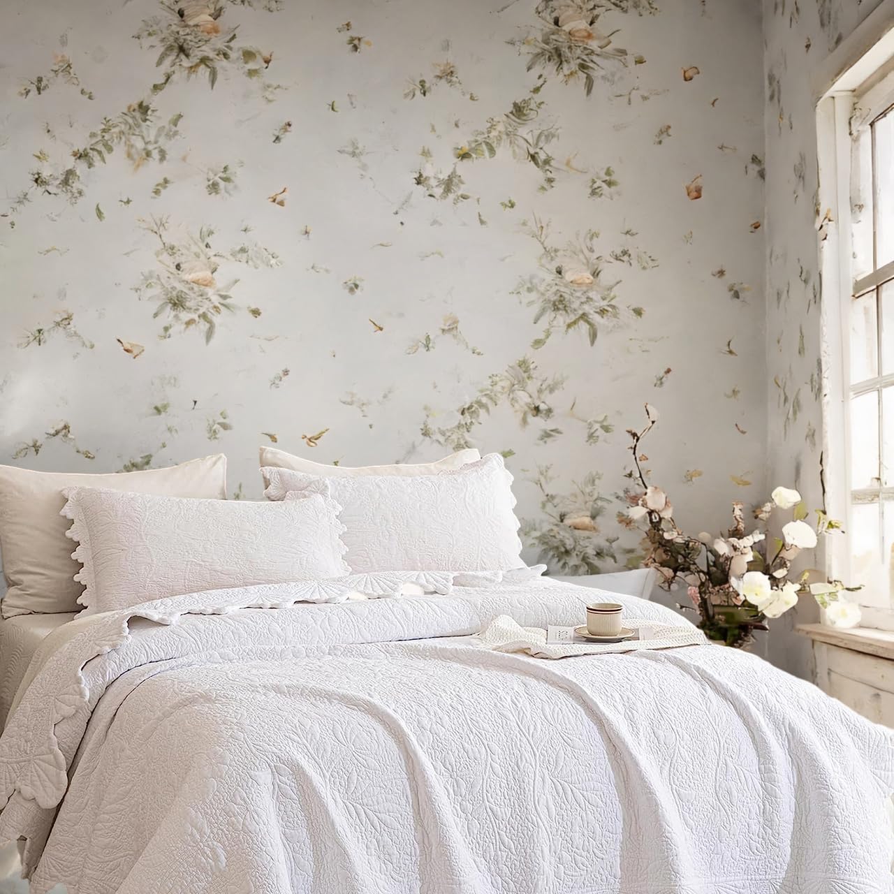 Brandream White Quilt Set Queen/King Size - 100% Cotton Matelasse Coverlet Bedding Set - Farmhouse Style Queen Size Bedspread (98x106 Inches with Standard Pillow Shams) - Perfect for Cozy Farmhouse Bedrooms, Guest Rooms & Vacation Homes