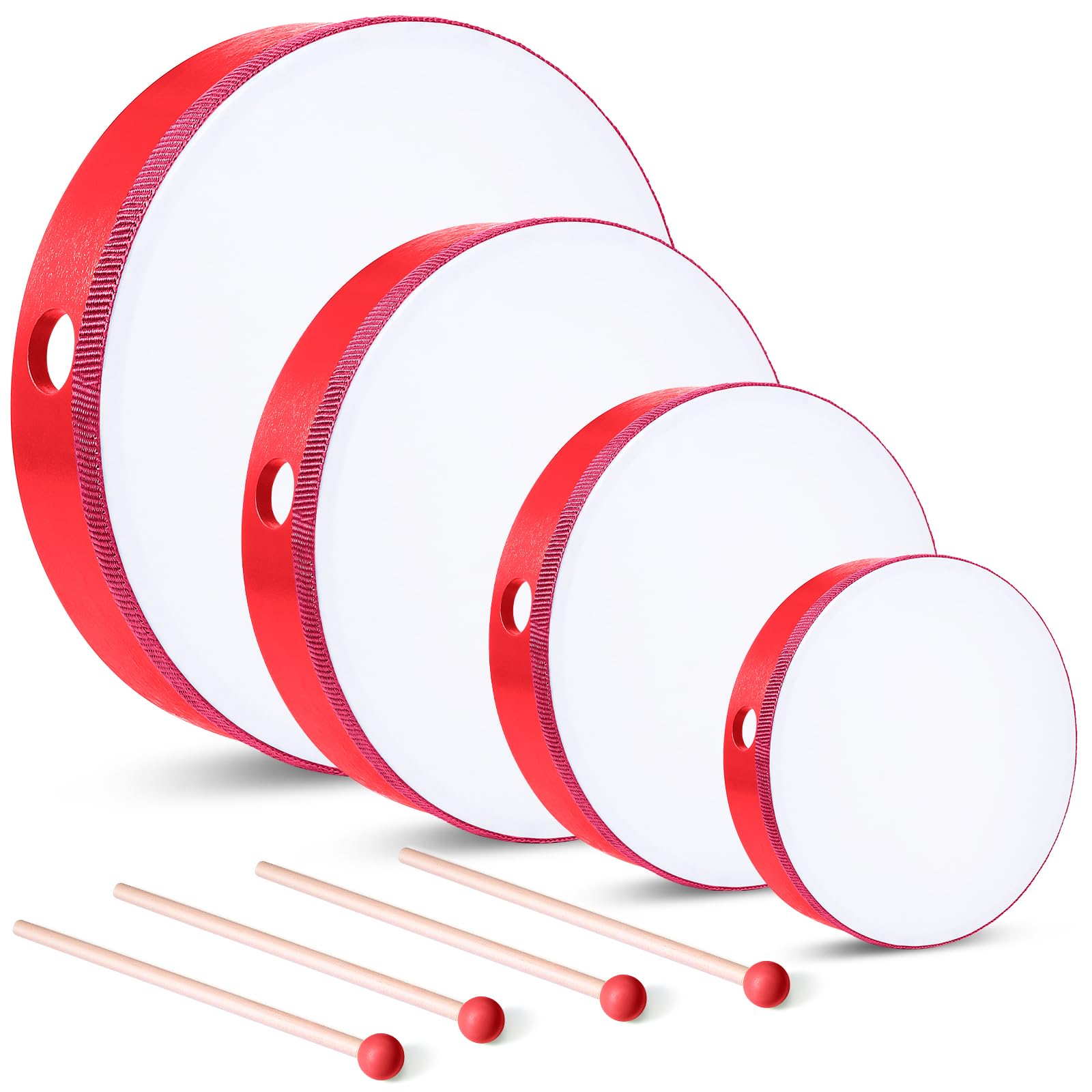 4-Piece Wooden Hand Drum Set for Kids & Adults - 12, 10, 8 & 6 Inch Frame Drums with Sticks - Percussion Musical Instruments for Beginners, Schools, Home Parties & Classroom Activities (Red) - Perfect for Music Education, Family Gatherings & Cultural Events