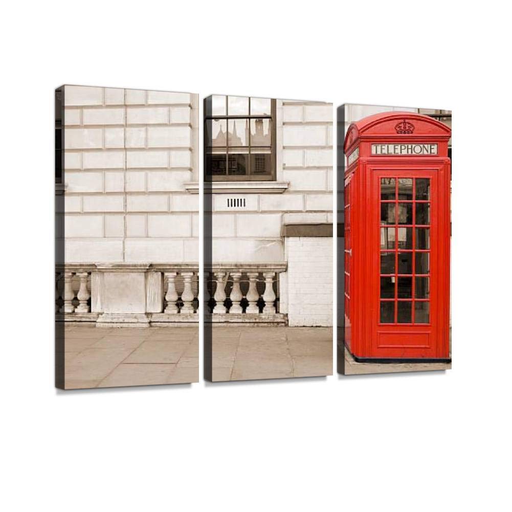 Vintage Red Telephone Box Wall Art - London Iconic UK Red Phone Booth Photography Print on Canvas | 3 Panel Framed Home Decor Ready to Hang | Perfect for Living Room, Office & British Theme Decorations