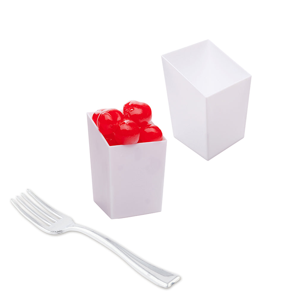 100 Pack 3 oz Square White Plastic Incline Cups with 100 Silver Mini Forks - Perfect for Party Desserts, Cocktail Appetizers & Wedding Receptions